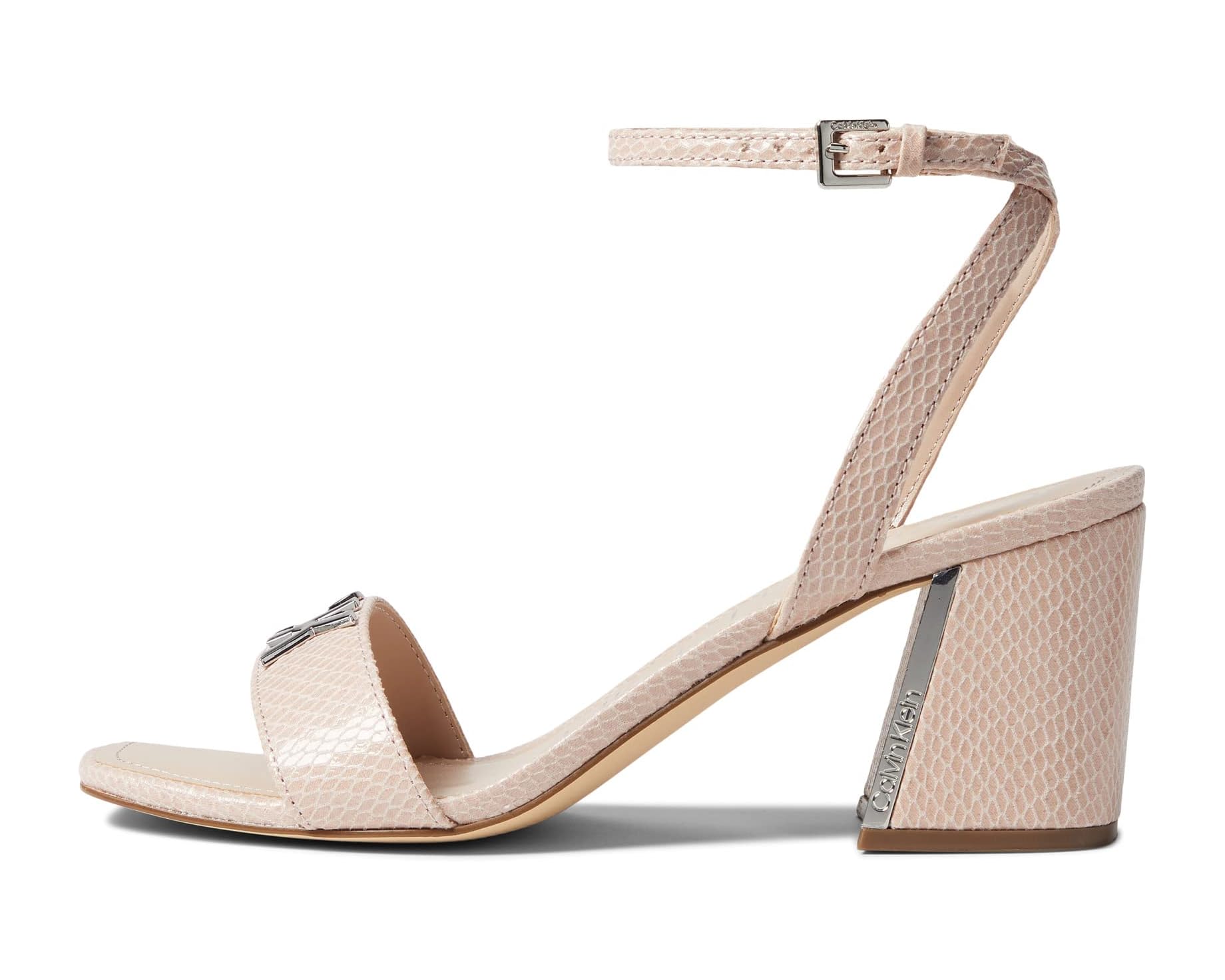 CALVIN KLEIN LOGO DETAIL TEXTURED LEATHER BLOCK HEEL SANDAL IN EGGSHELL