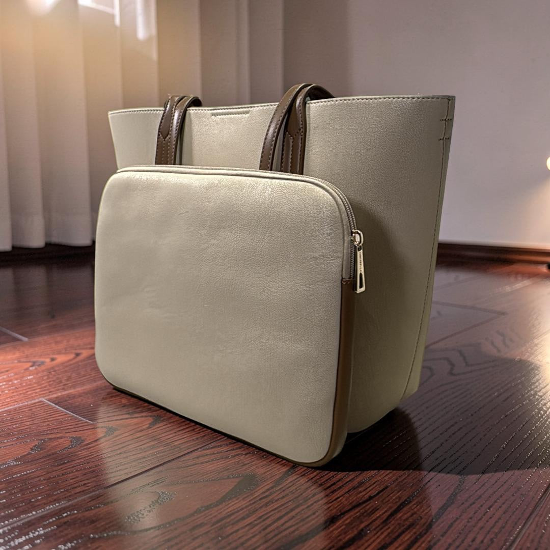 Chrisbella Large Matte Leather Bag in Biege