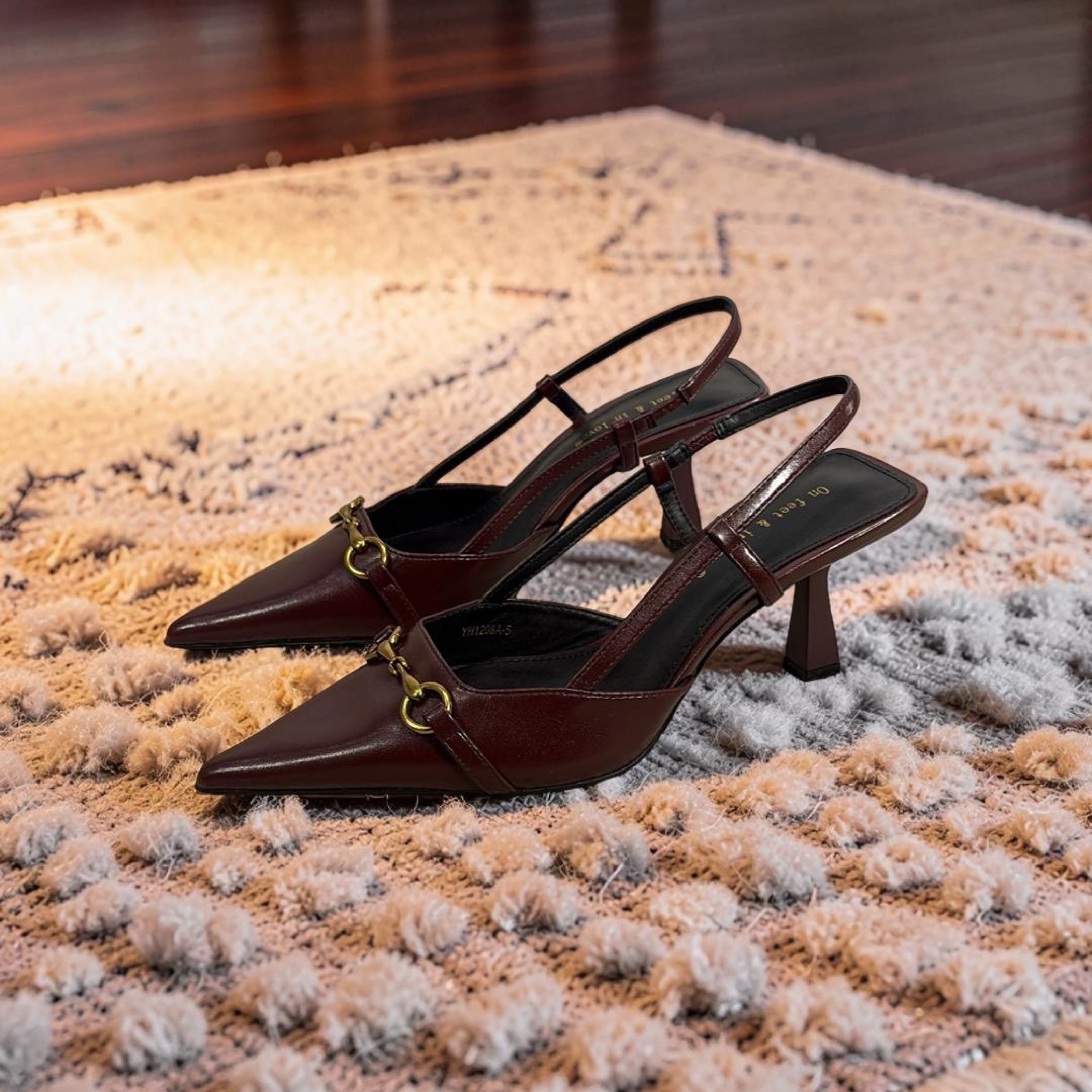 On Feet & In Love Bell Detail Pointed Toe Slingback Heels in Wine