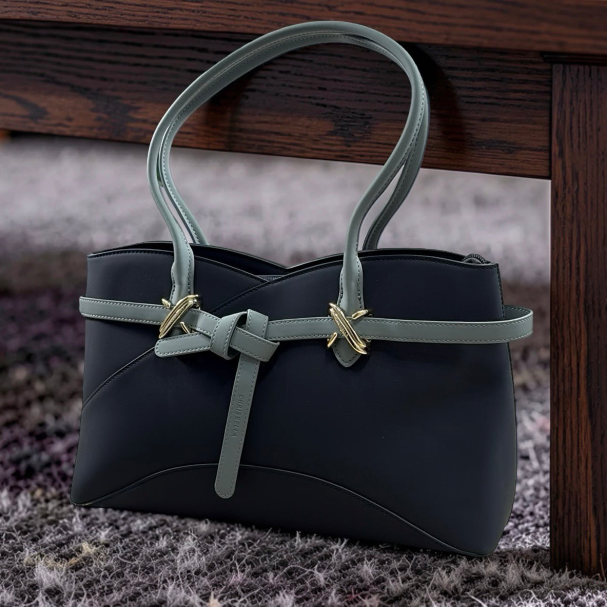 Chrisbella Landscape-Design Belt-Detail Bag in Navy