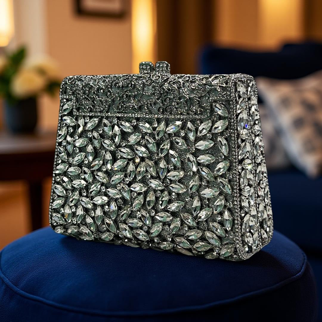 Milan Luxe Clutch Structured Party Purse with Stones in Silver