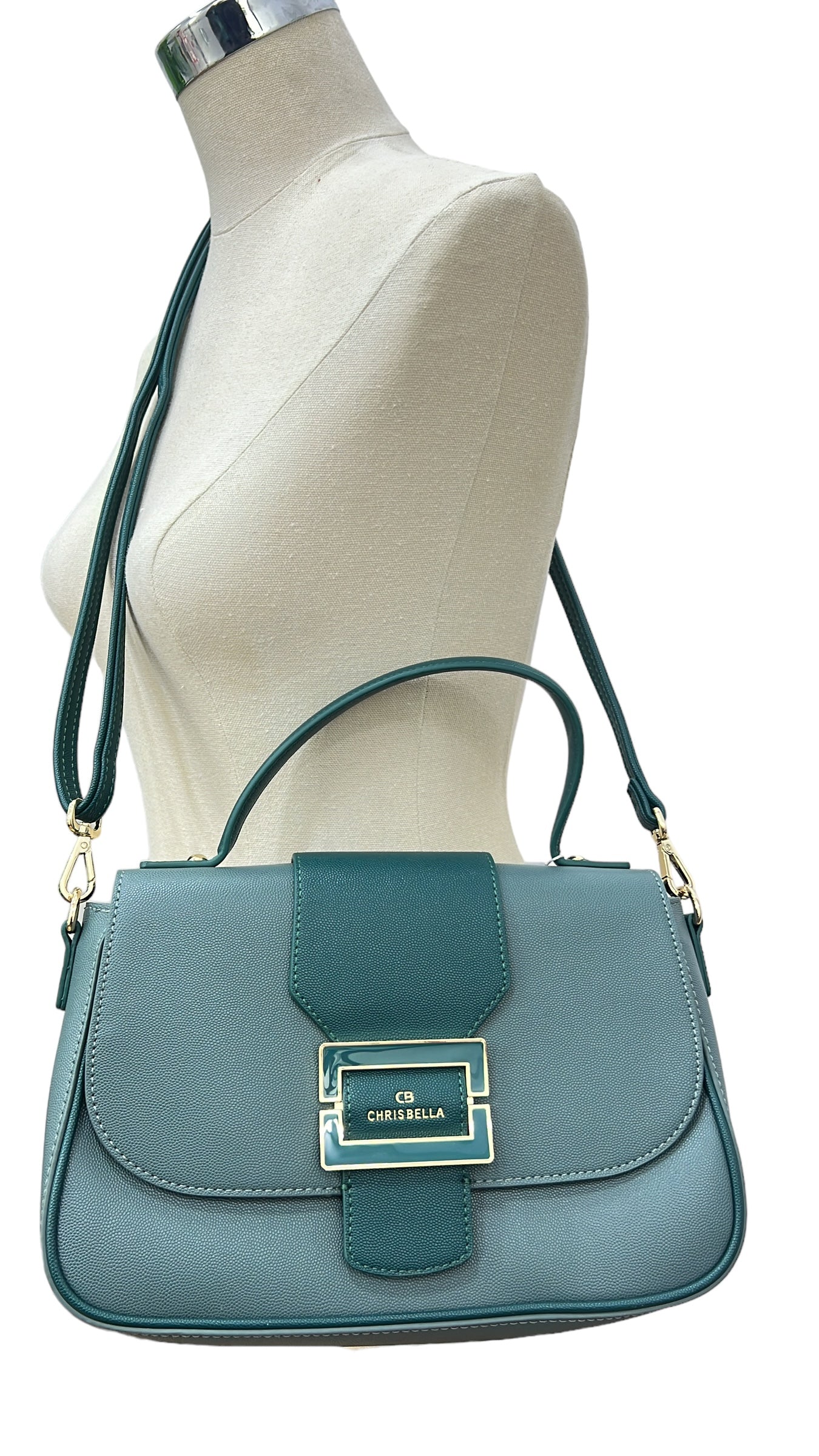 CHRISBELLA TEXTURED BUCKLE DETAIL TWO-TONE BAG IN GREEN