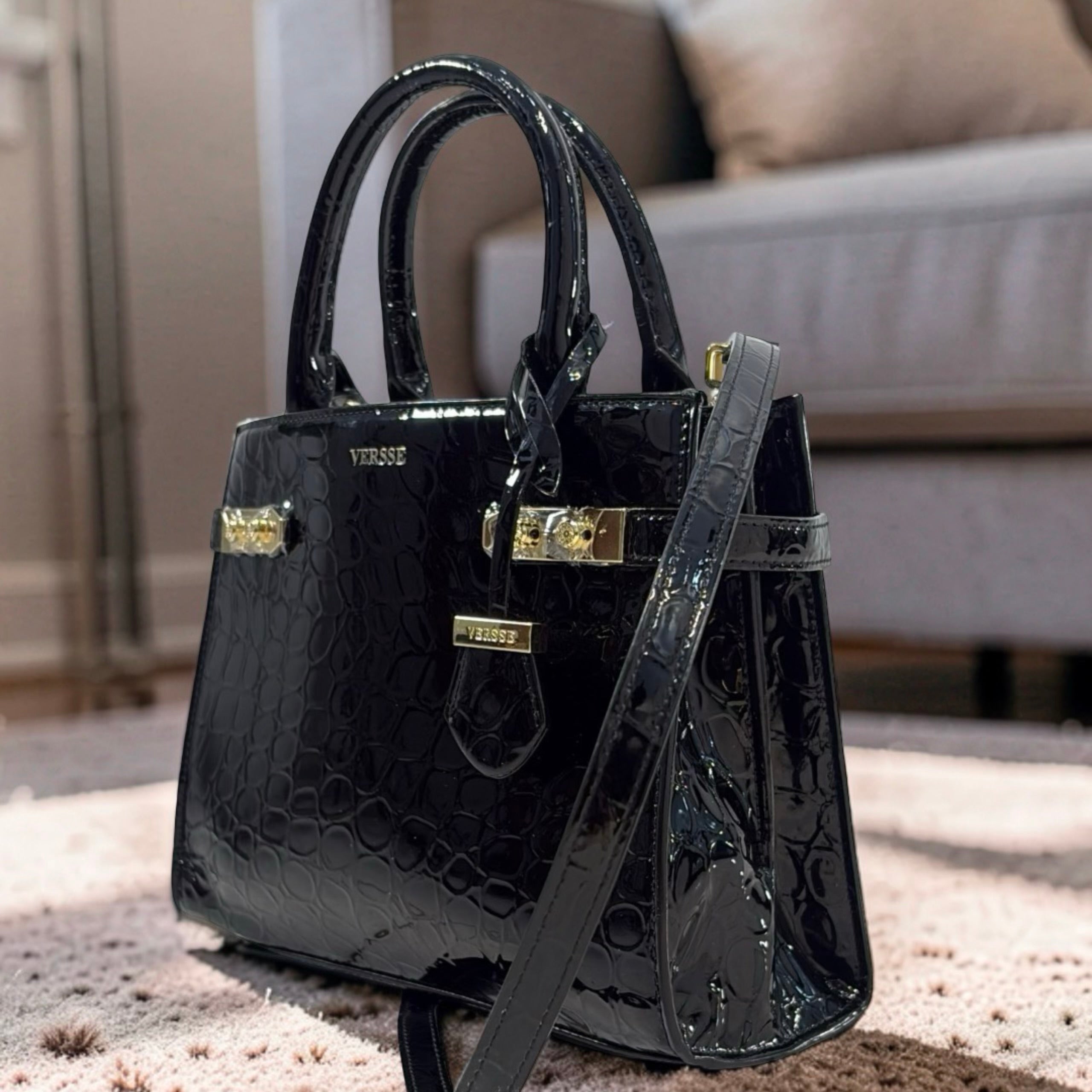 Versse Structured Leather Faux Croc Skin Bag in Black
