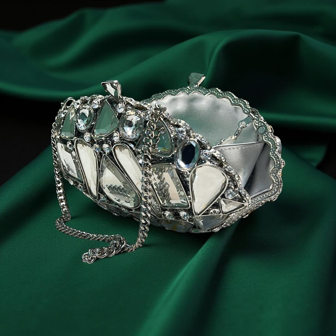 Valencia Structured Clutch Party Purse with Stones in Silver