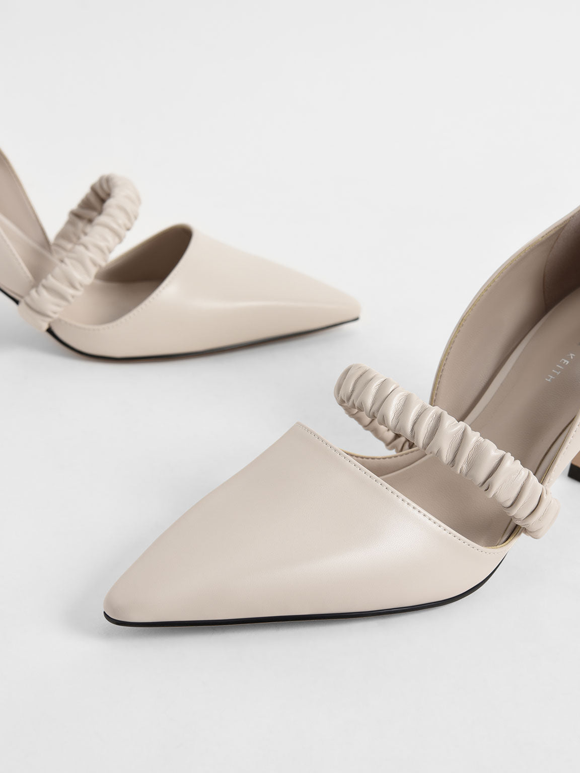 CHARLES & KEITH POINTED TOE RUCHED STRAP DETAIL PUMP IN CHALK