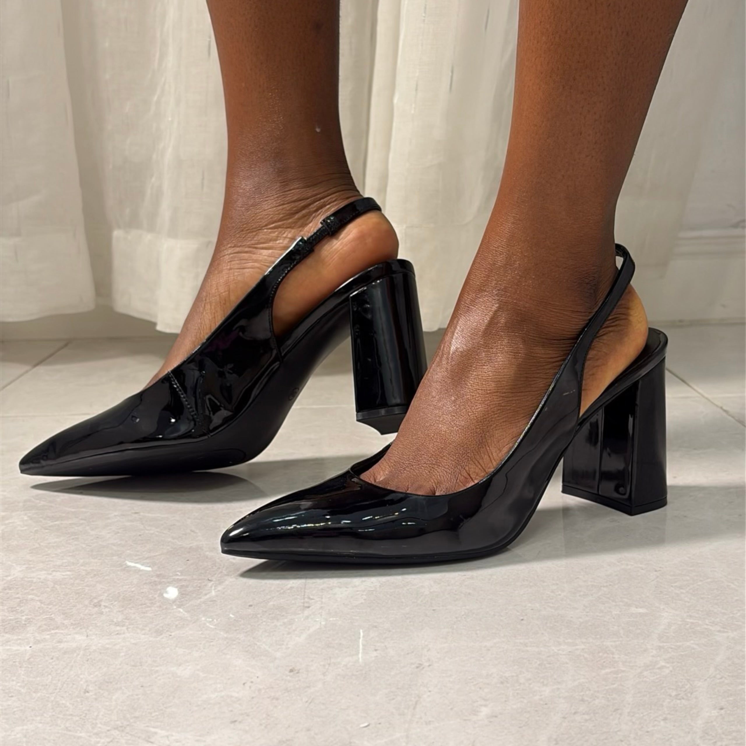 Calvin Klein Patent Leather Pointed Toe Block Heel Slingbacks in Black
