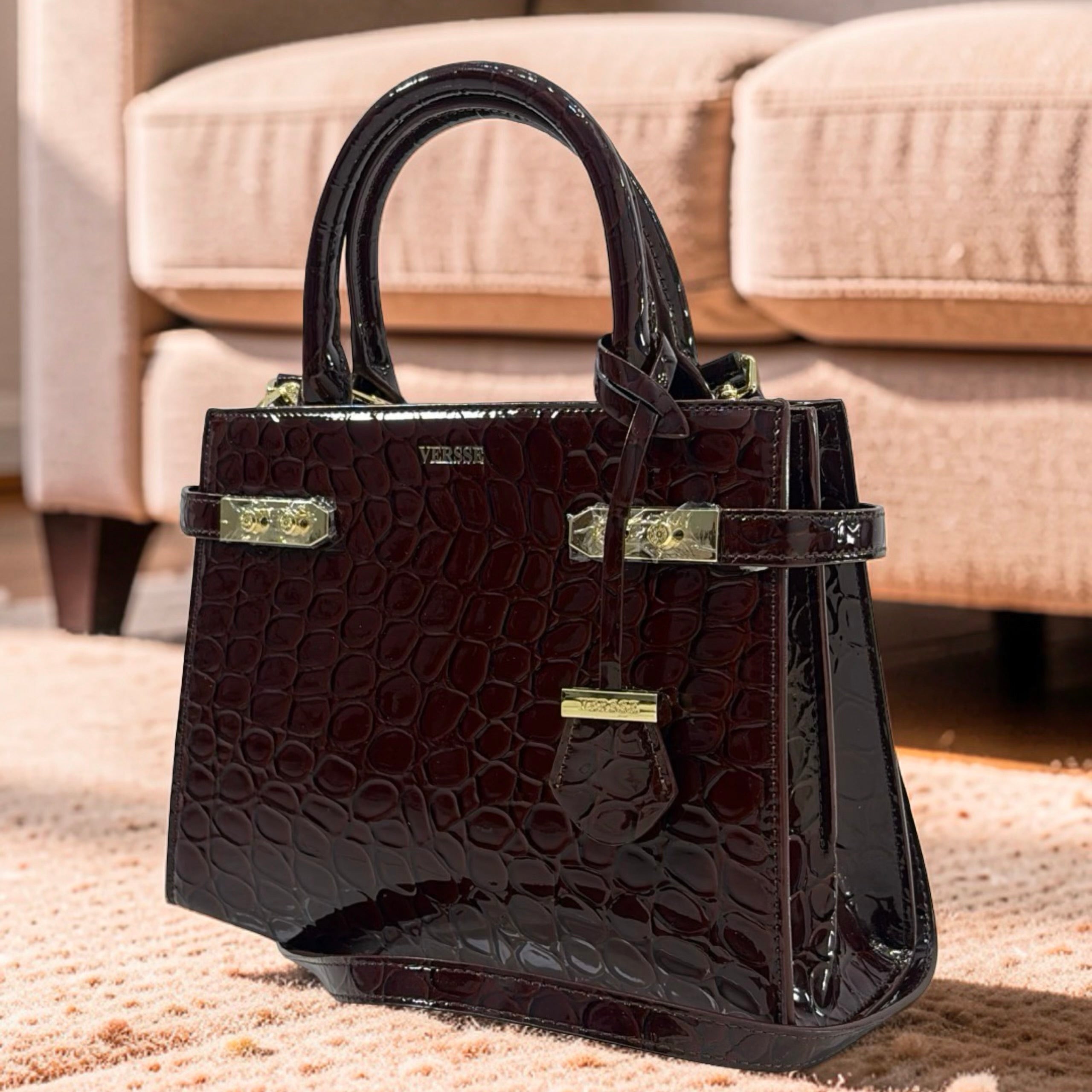 Versse Structured Leather Faux Croc Skin Bag in Coffee