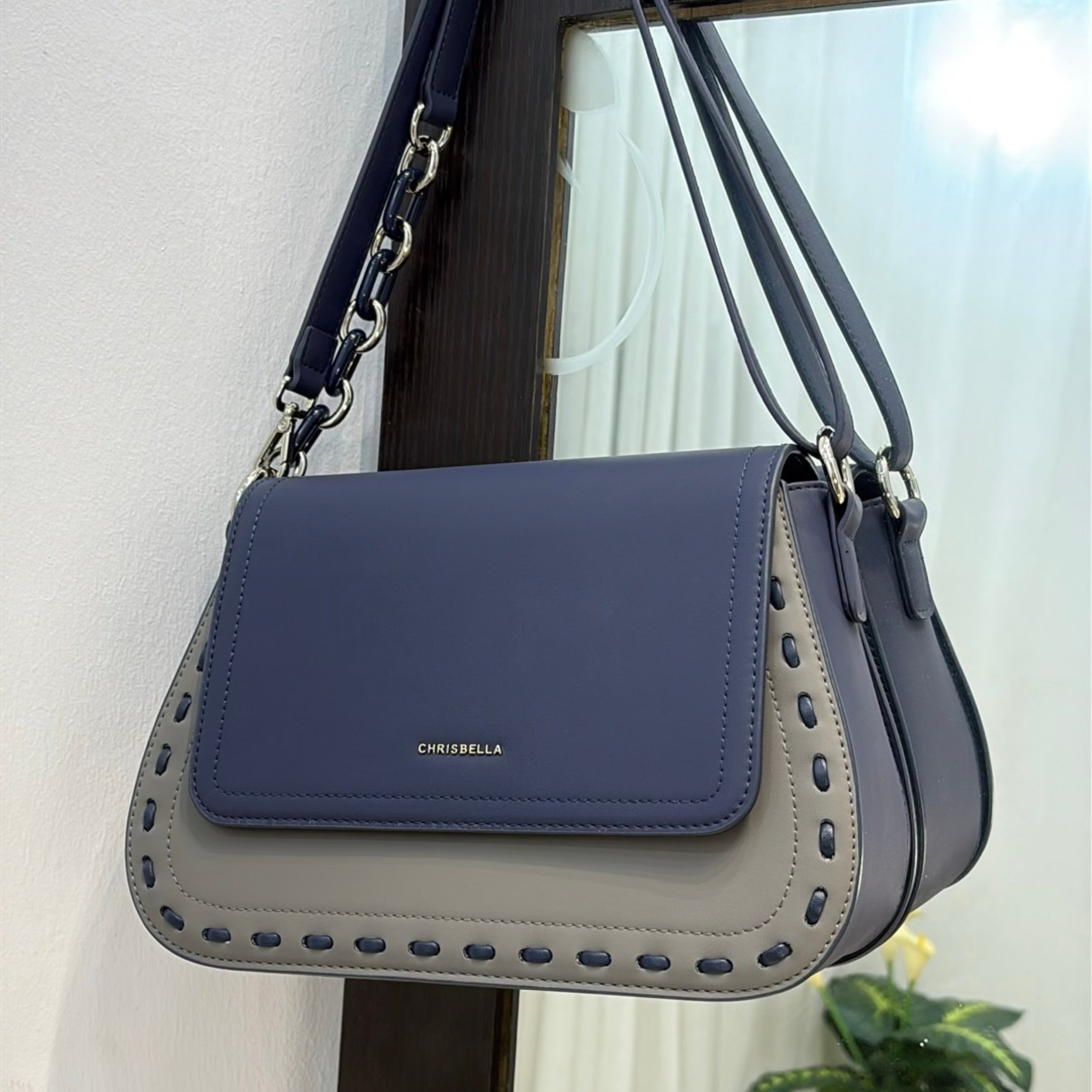 Chrisbella Flap Closure Structured Bag in Navy