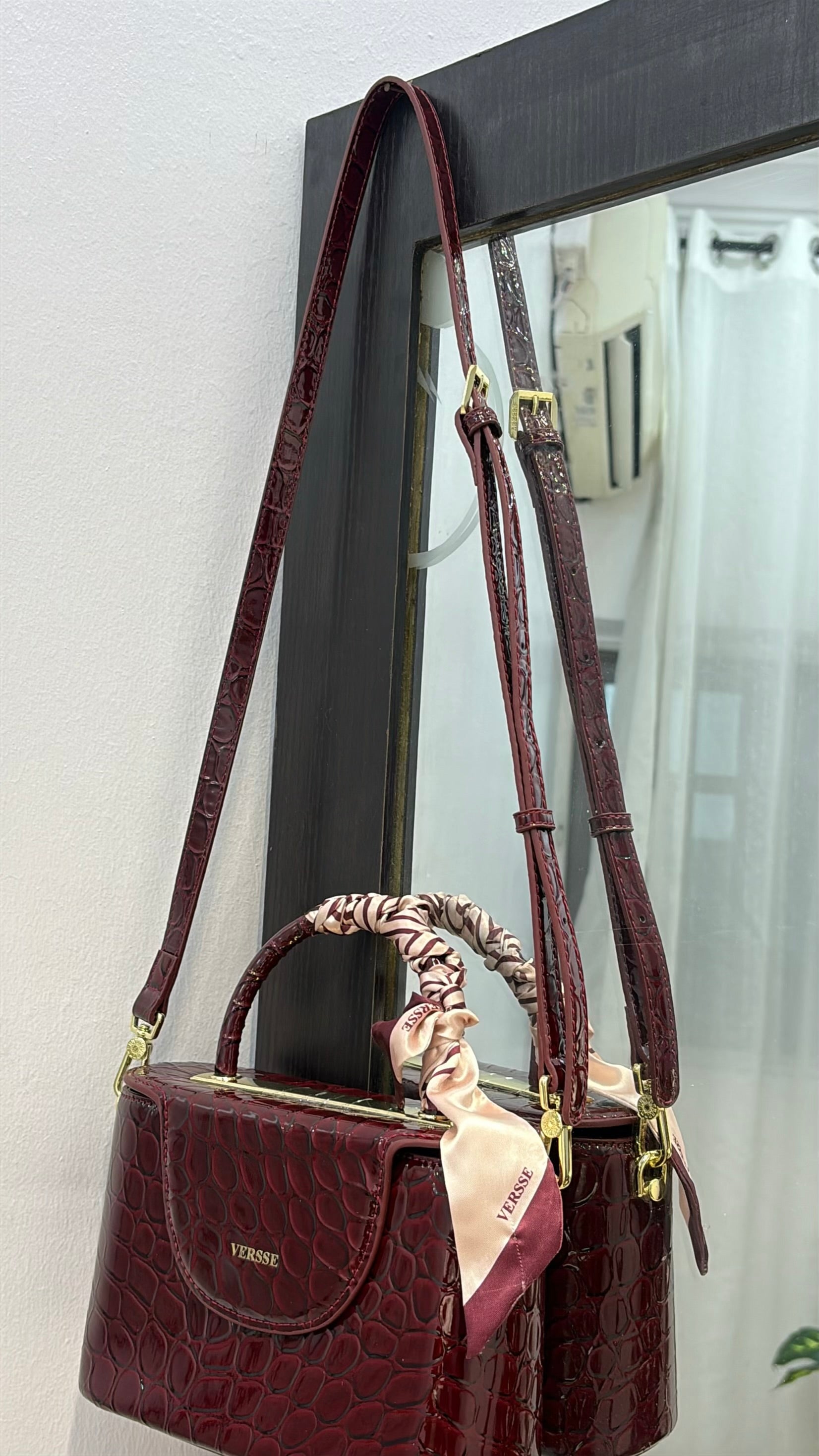 Versse Top Handle Faux Croc Skin Mini Bag in Burgundy