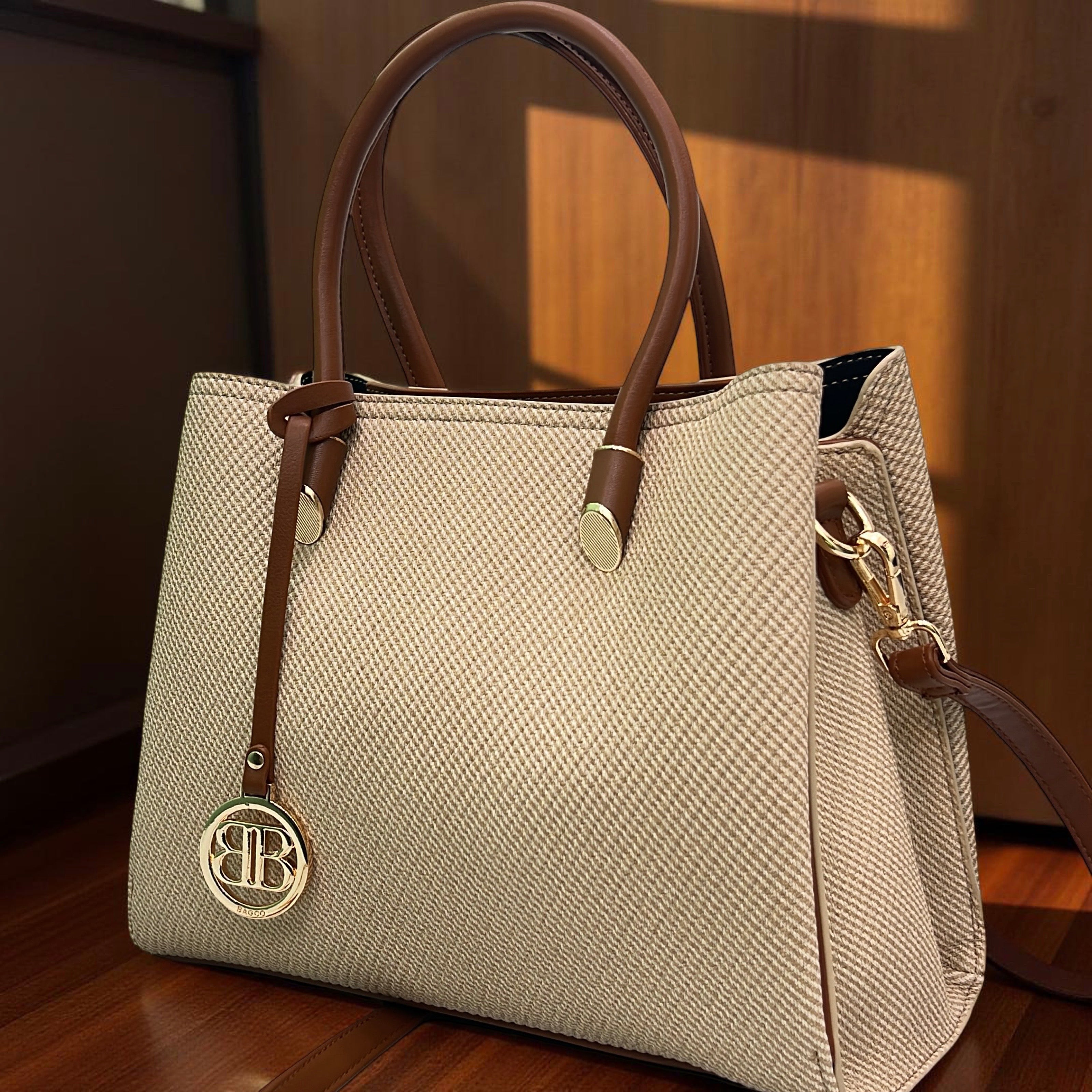 Bagco Structured Double Handle Fabric-Finish Bag in Beige