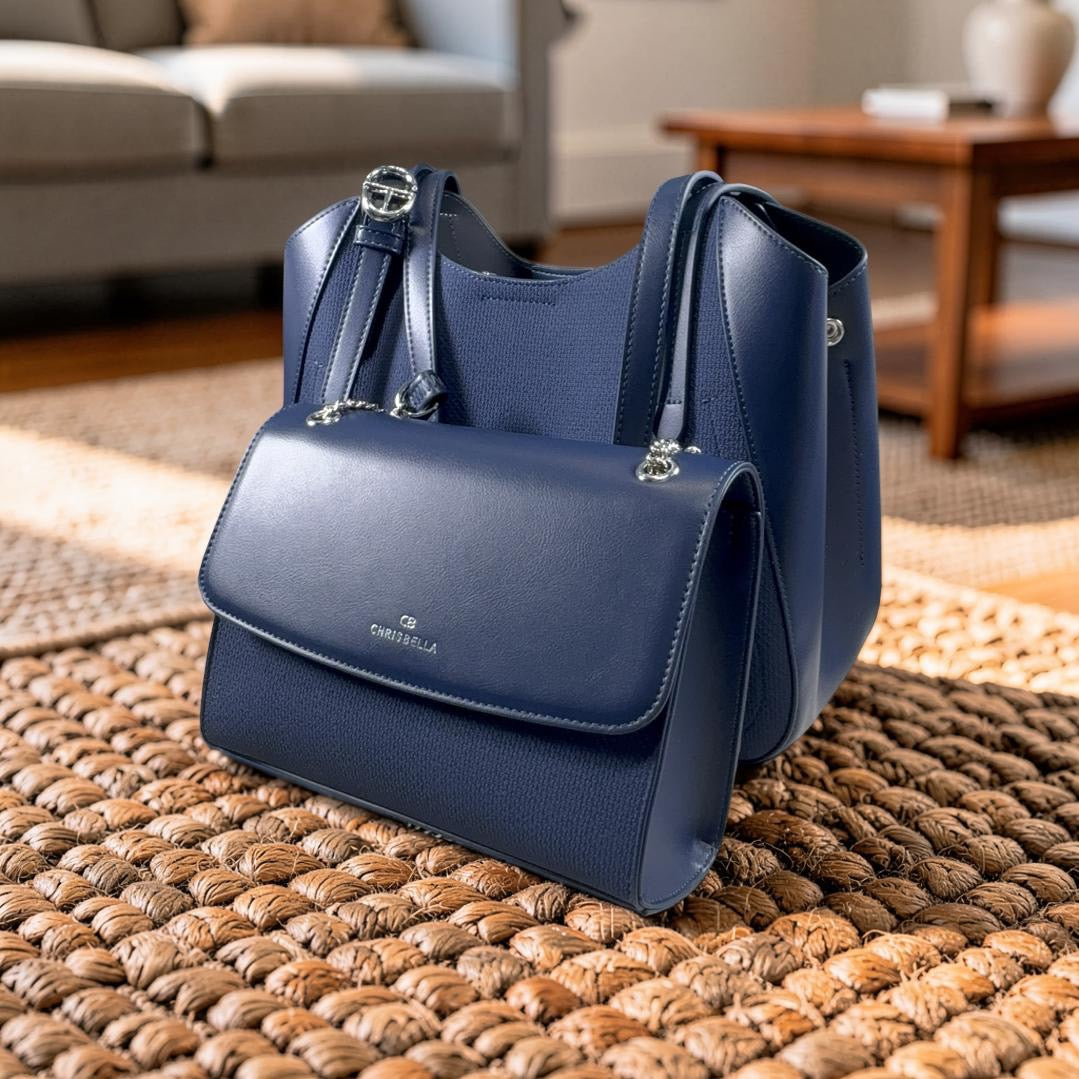 Chrisbella Leather Textured Fabric Contrast Bag in Navy