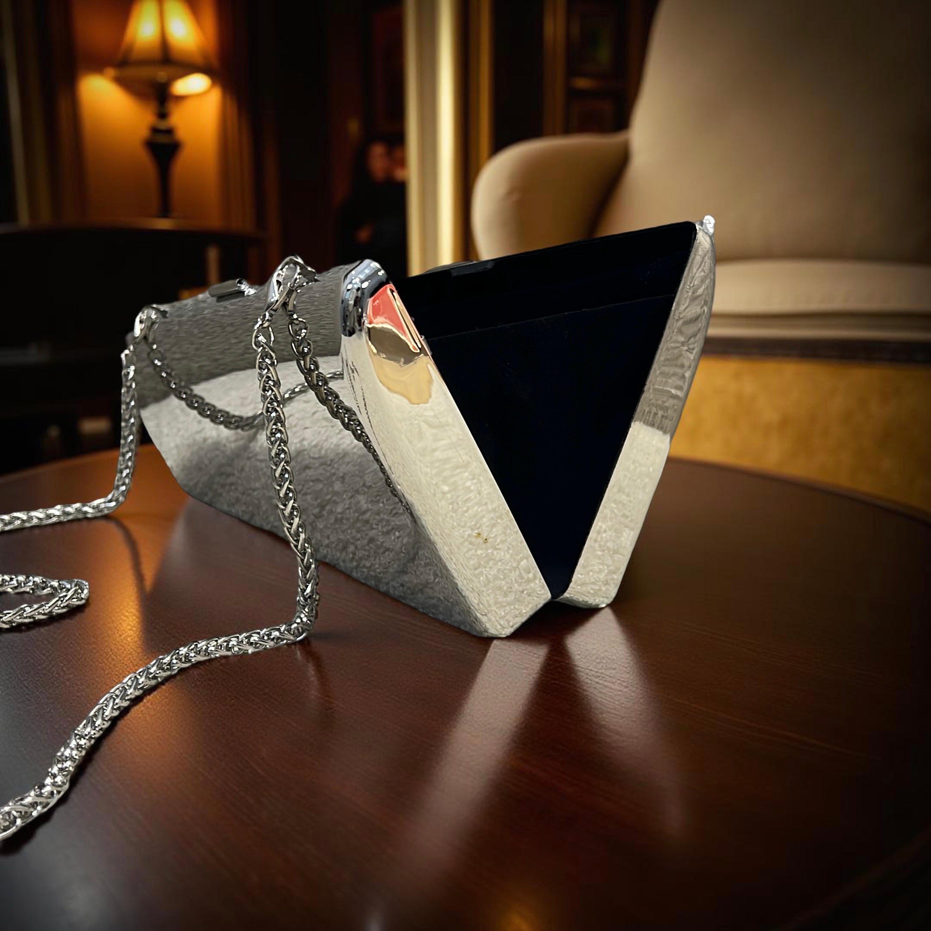 Classic Metallic Magnetic Clasp Slanted Clutch Purse in Silver