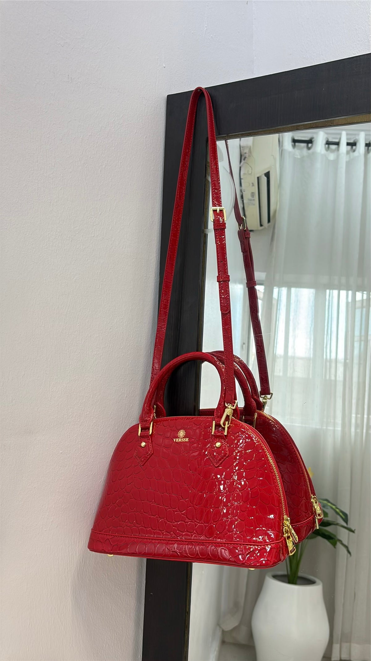 Versse Faux Croc Patent Leather Bag in Red