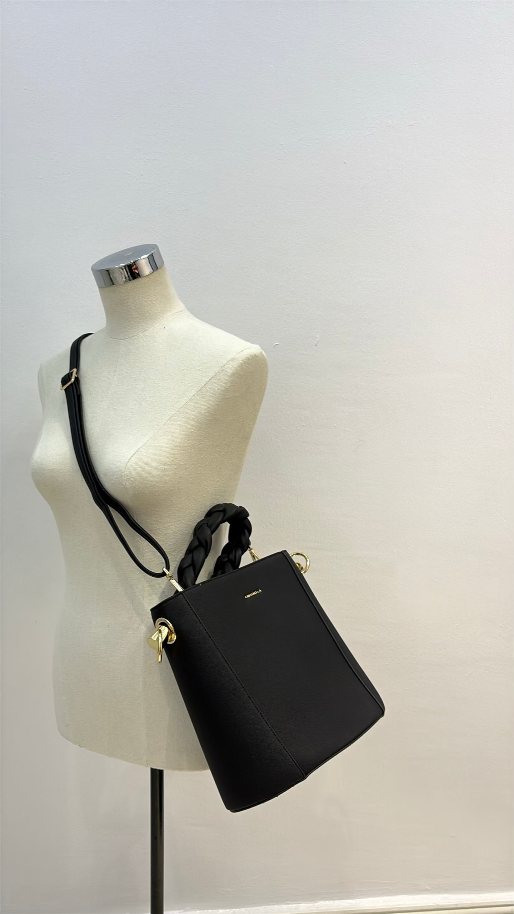 Chrisbella Drawstring Bucket Bag in Black