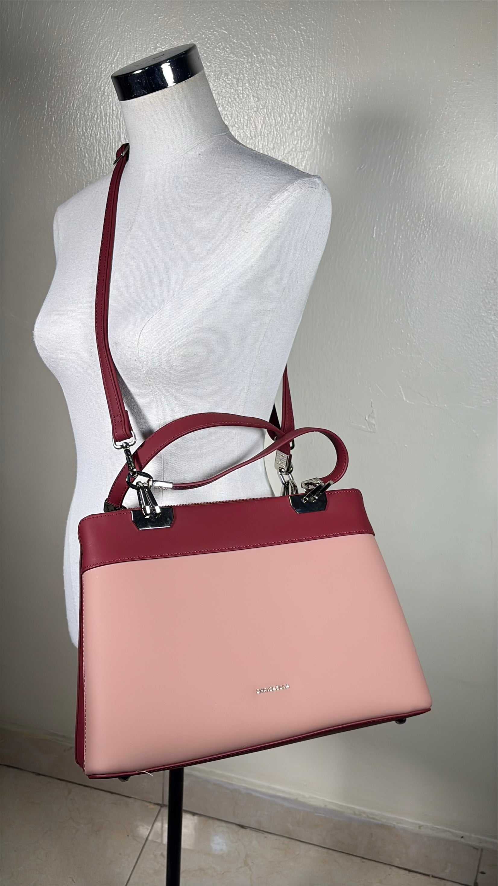 Chrisbella Metal Detail Double Handle 2-in-1 Bag in Wine
