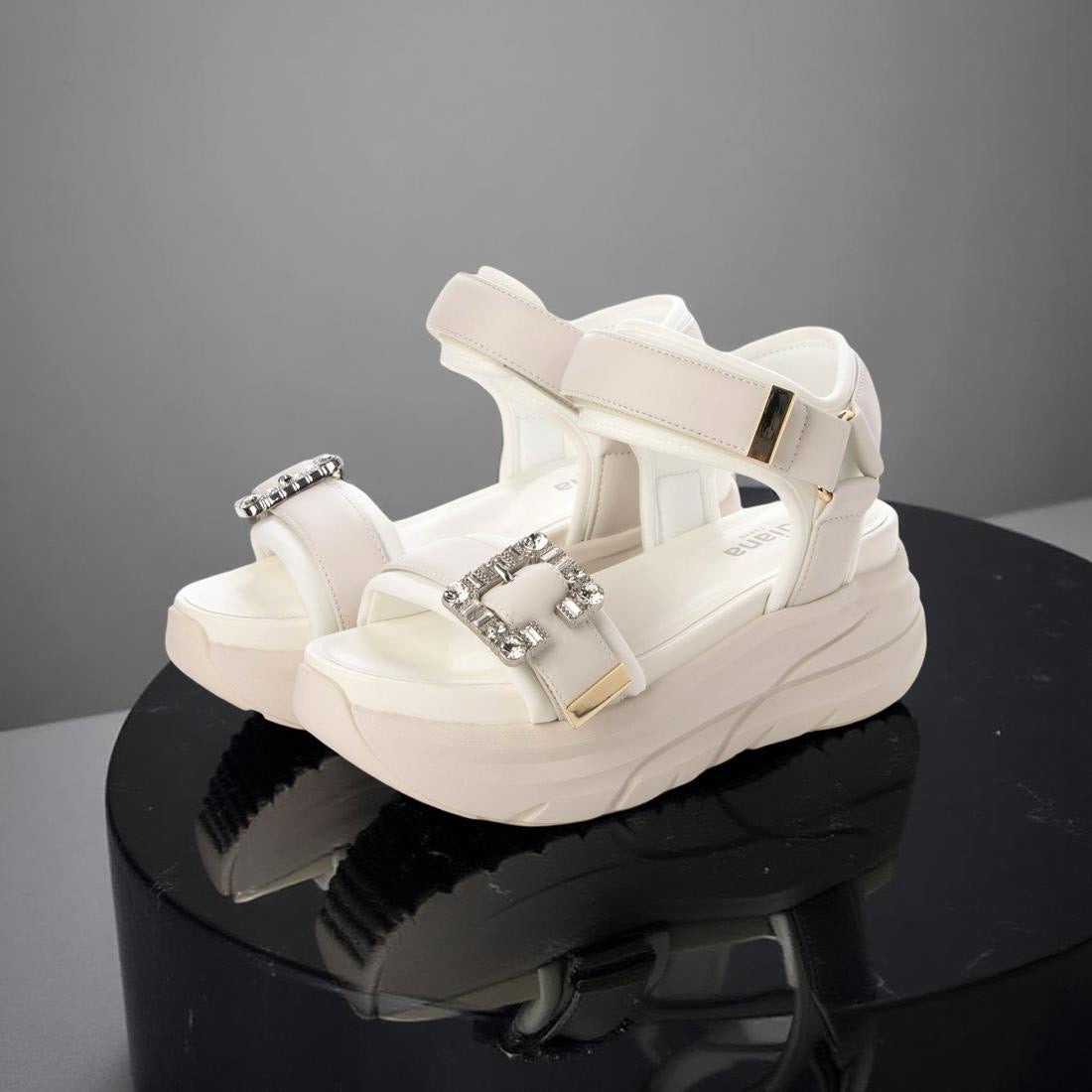 Diana Embellished Buckle Detail Velcro Sandal in White