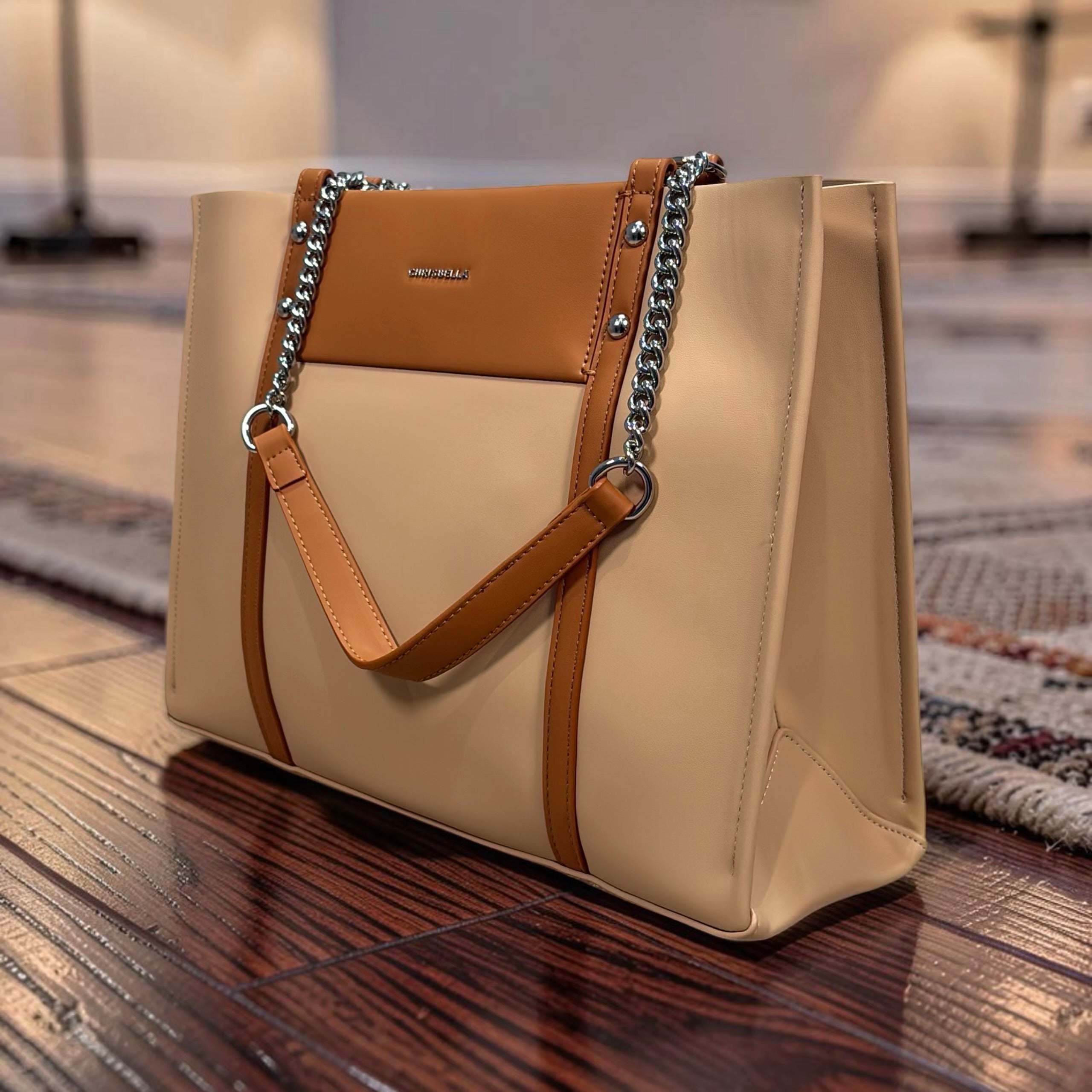 Chrisbella Two-Tone Chain Handle Bag in Beige