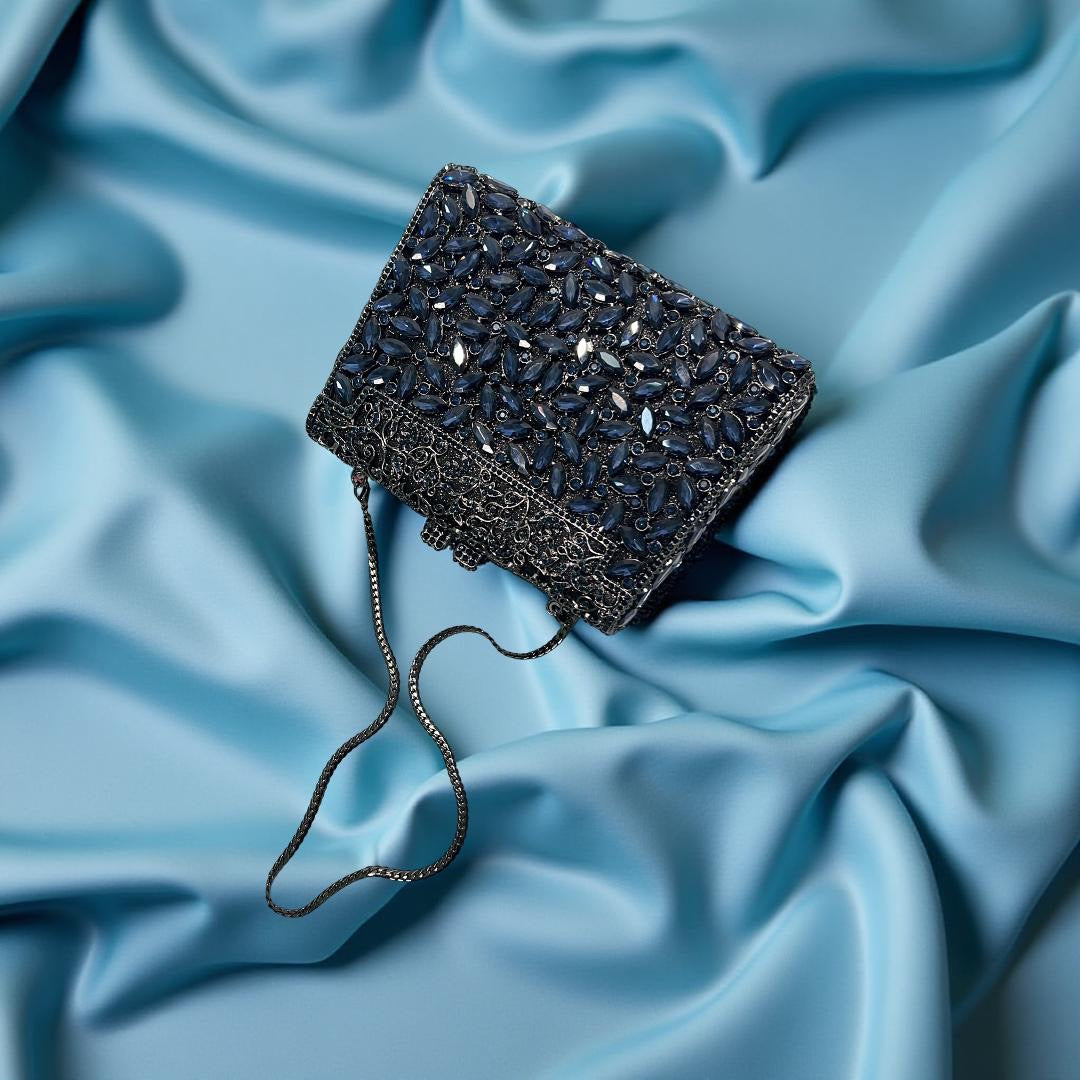 Milan Luxe Clutch Structured Party Purse with Stones in Navy