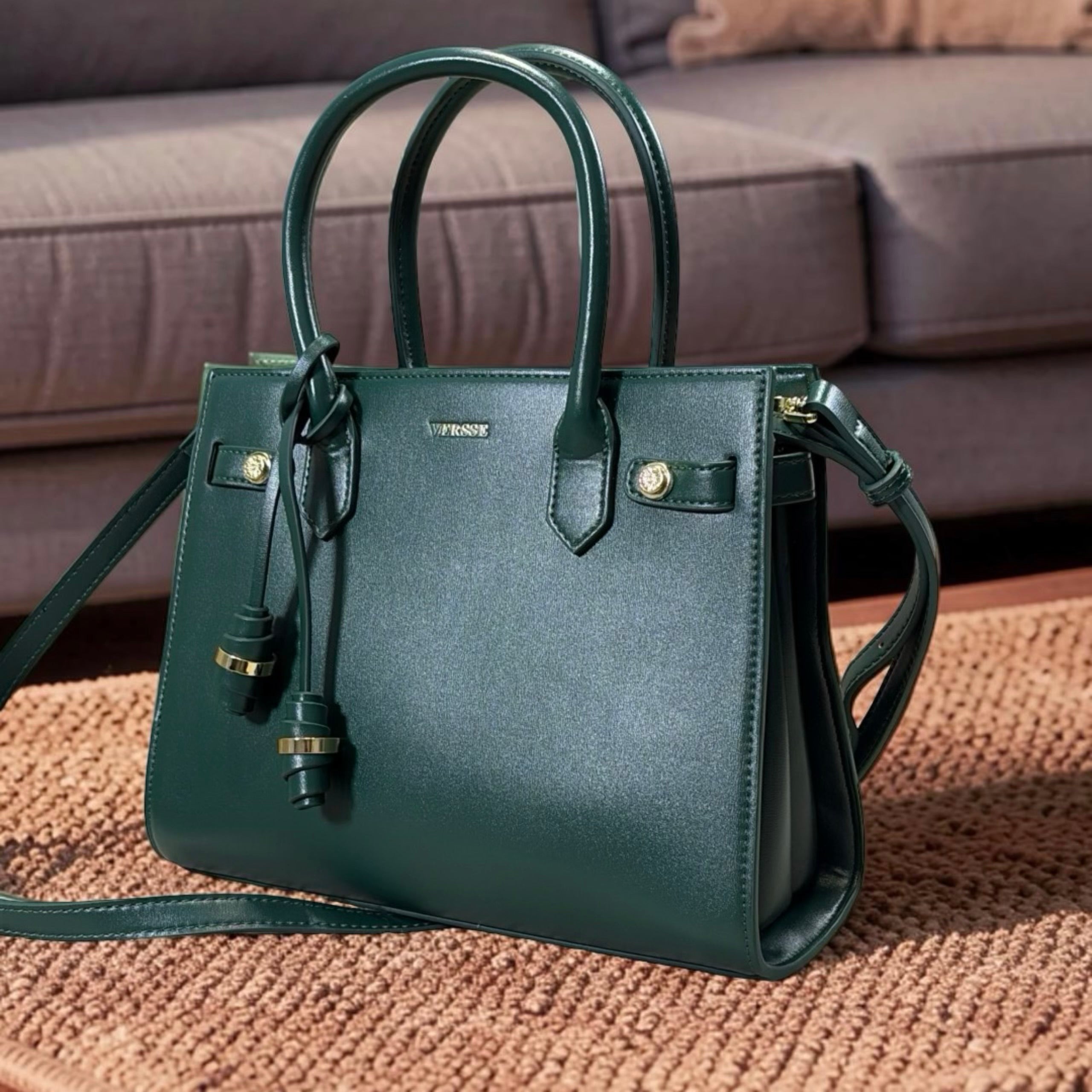 Versse Tassel Detail Structured Double Handle Bag in Green