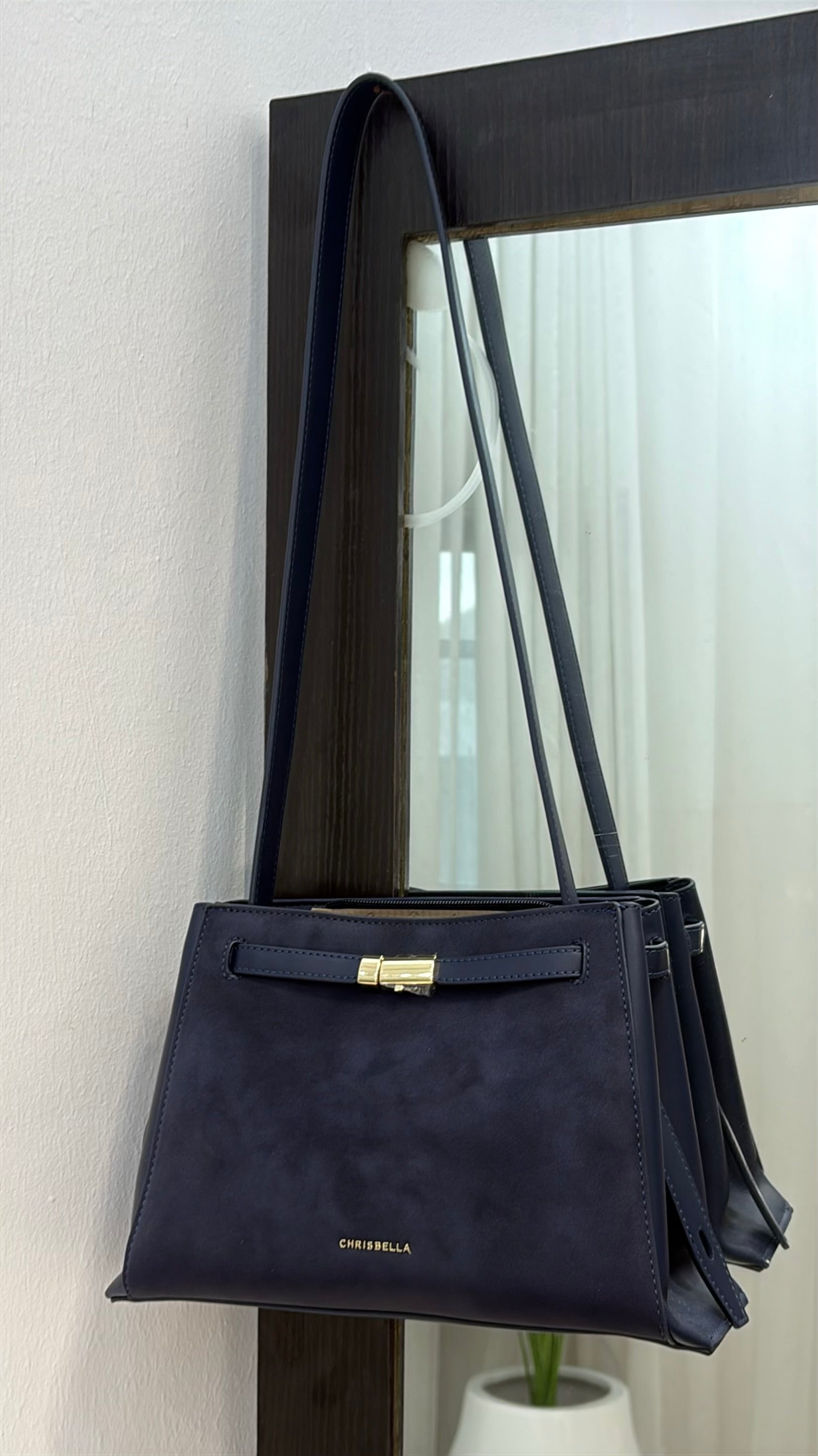 Chrisbella Top Handle Contrast Leather Bag in Navy