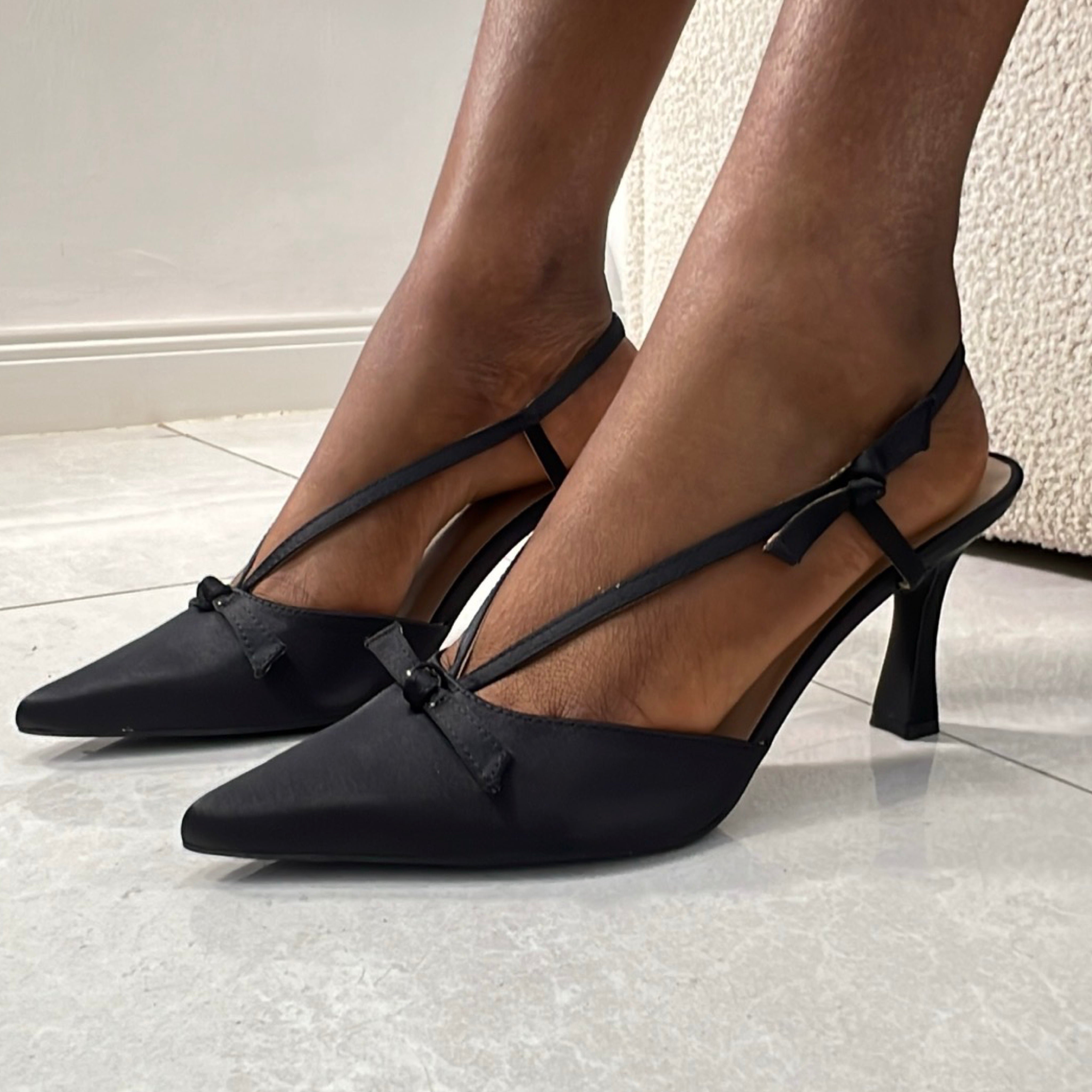 Unisa Satin Pointed Toe Slingback Heels in Black