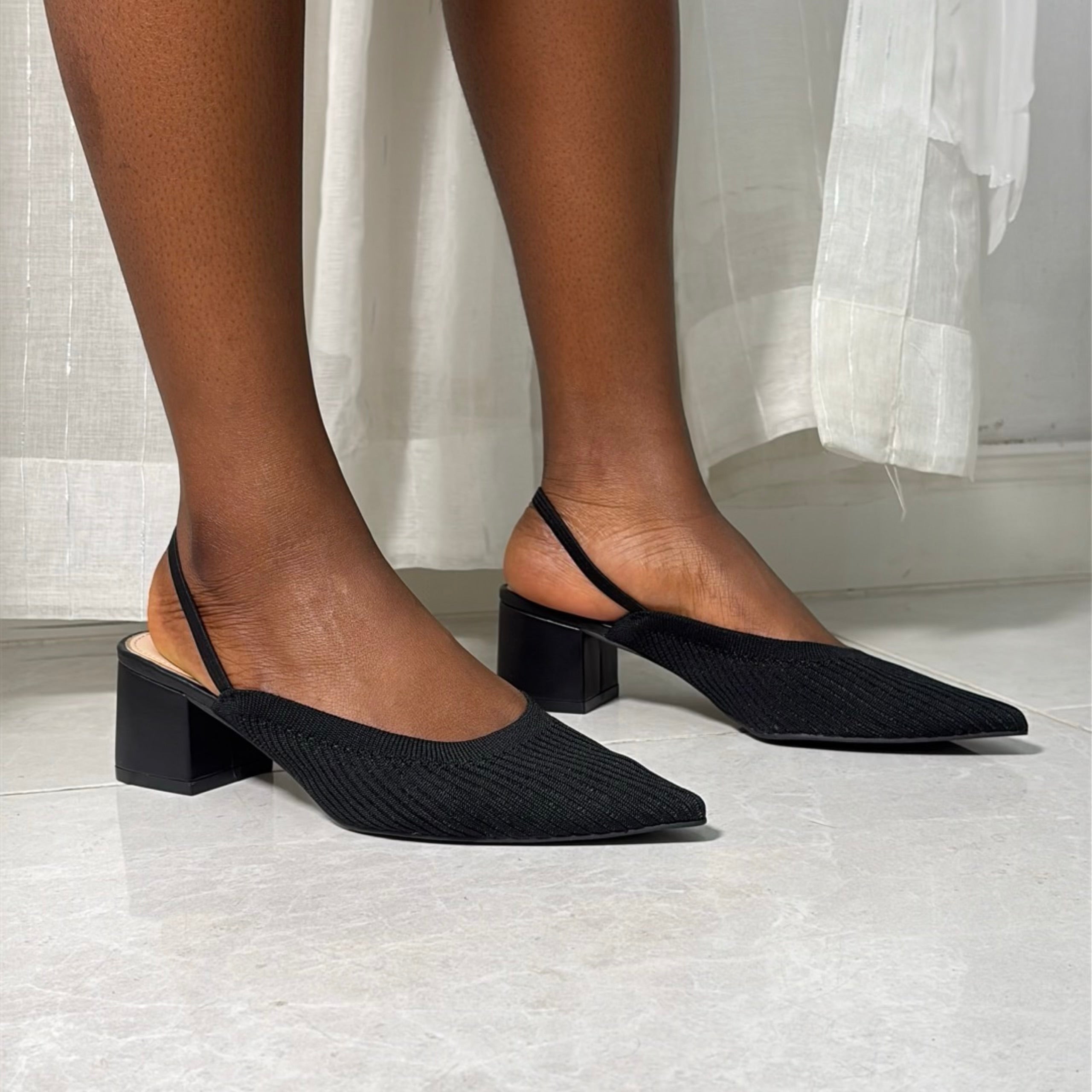 Milano Elastic Slingback Block Heel Shoes in Black
