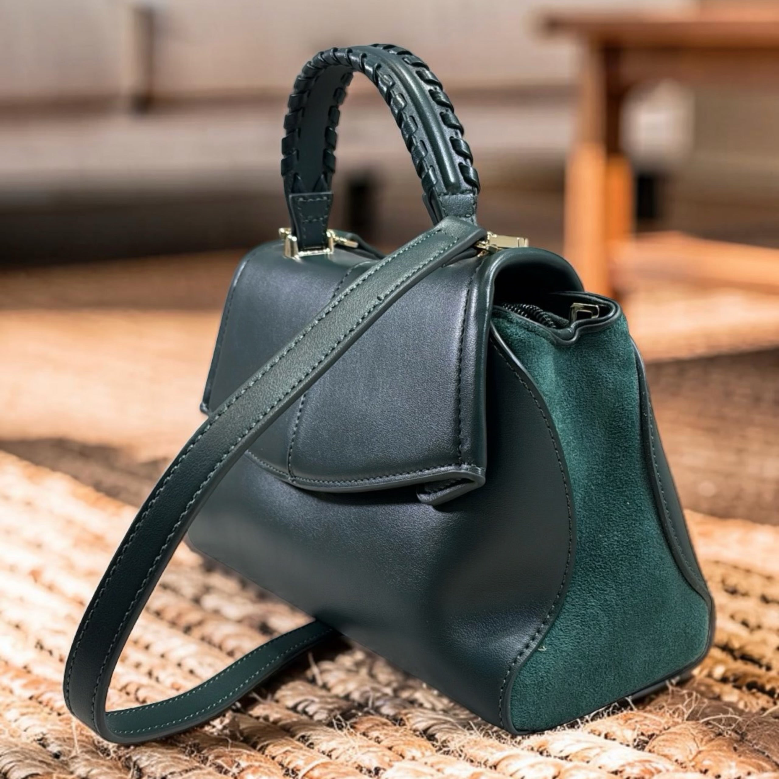 Chrisbella Suede Contrast Top Handle Bag in Green