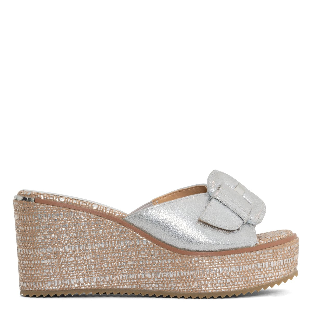 DONALD PLINER BUCKLE DETAIL WEDGE SANDAL IN SILVER