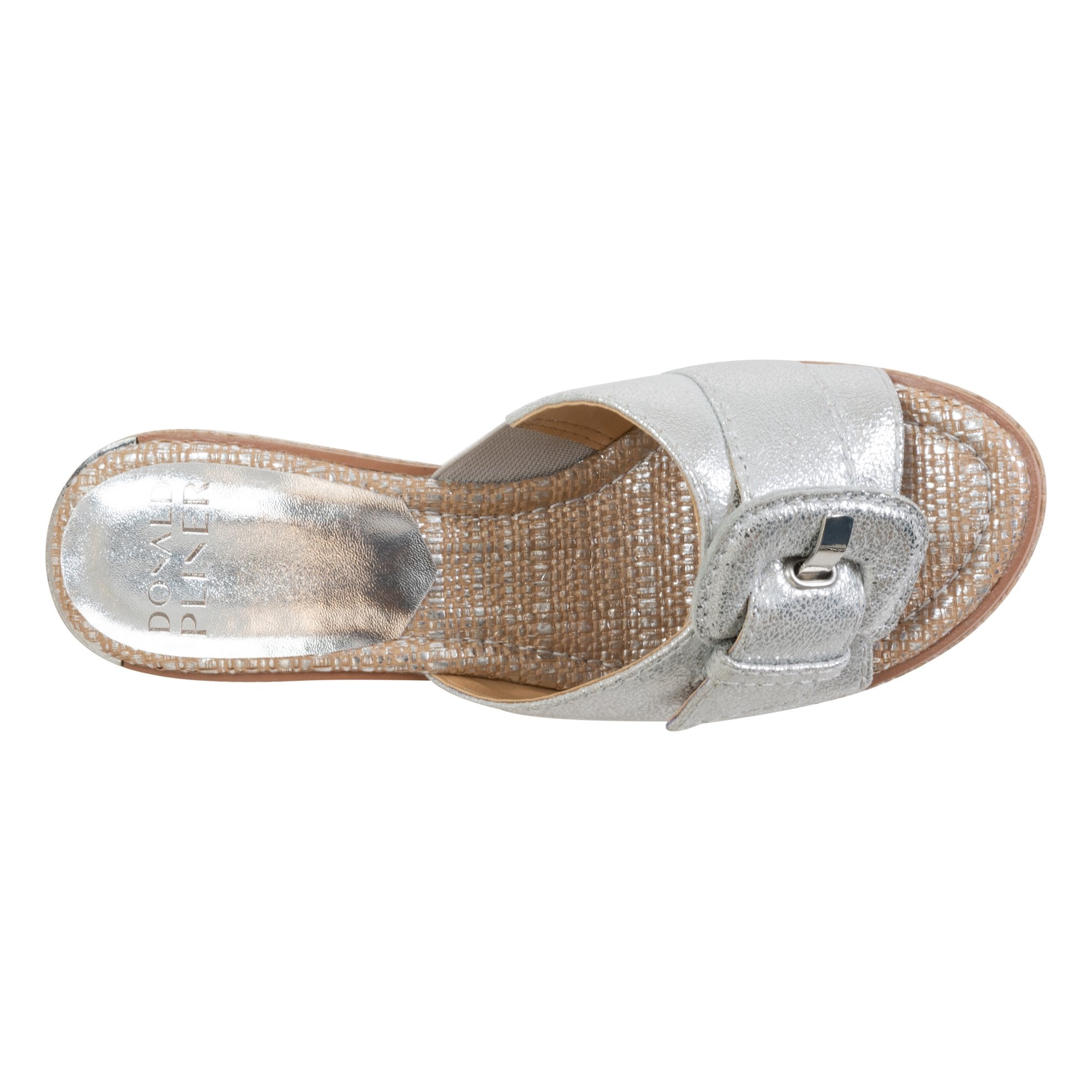 DONALD PLINER BUCKLE DETAIL WEDGE SANDAL IN SILVER