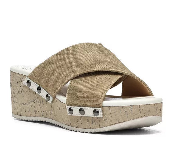 DONALD PLINER FABRIC CROSS STRAP WEDGE SANDAL IN WHITE