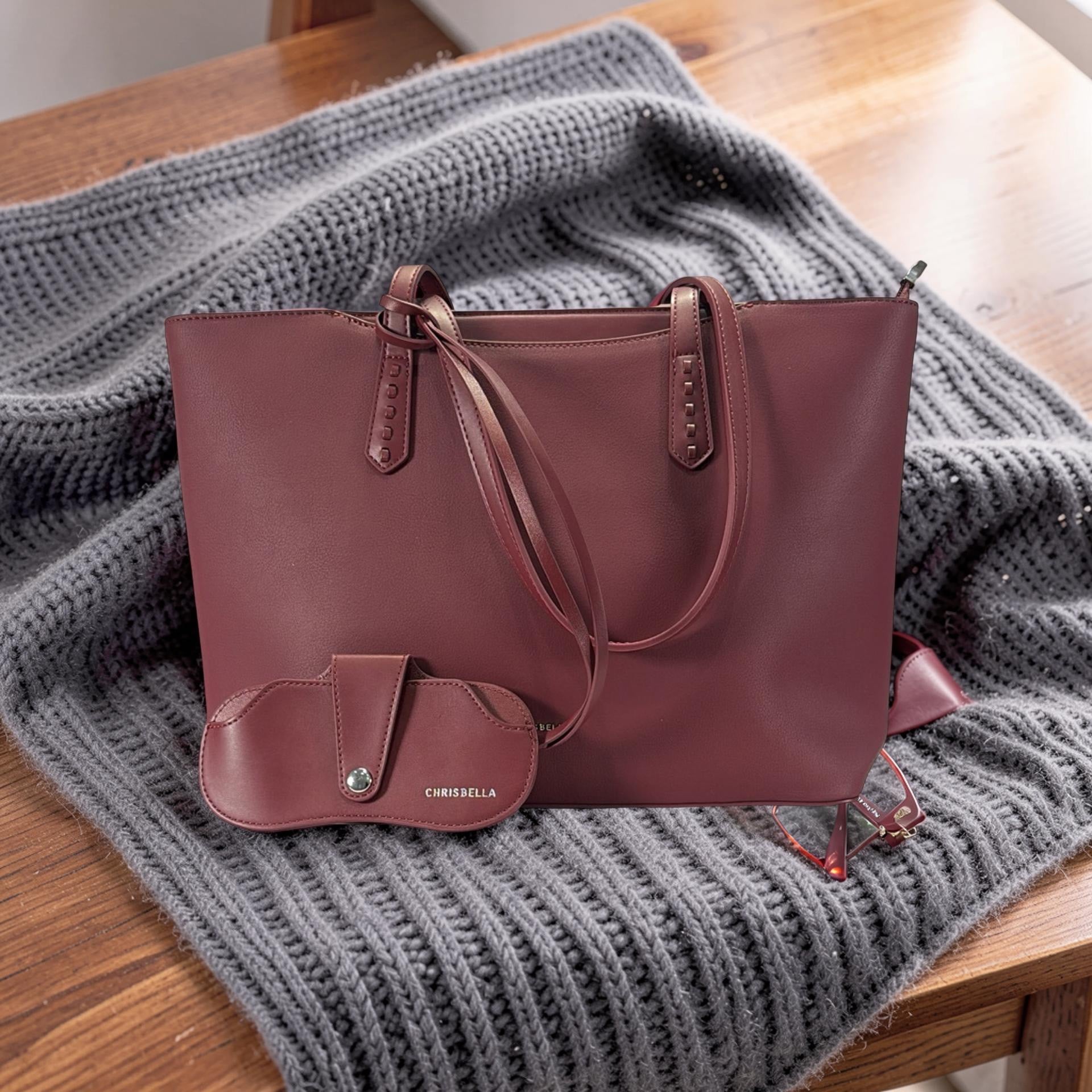 Chrisbella Large Leather Sunglasses Charm Detail Bag in Burgundy