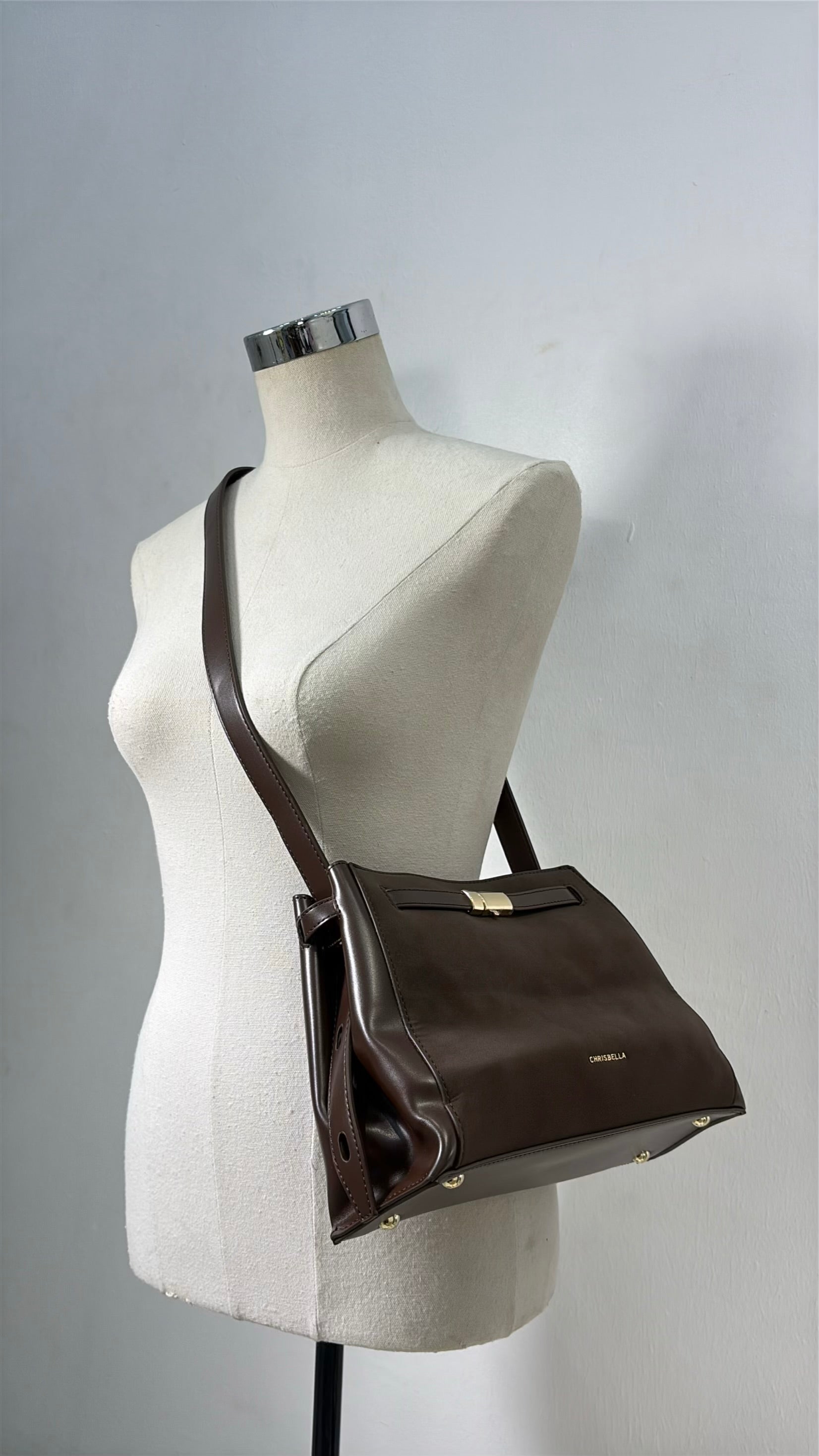 Chrisbella Top Handle Contrast Leather Bag in Coffee