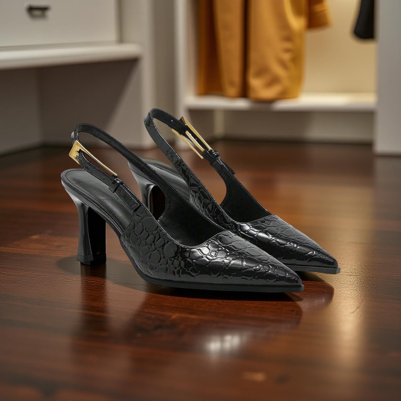C Embossed Leather Pointed Toe Slingback Pump In Black