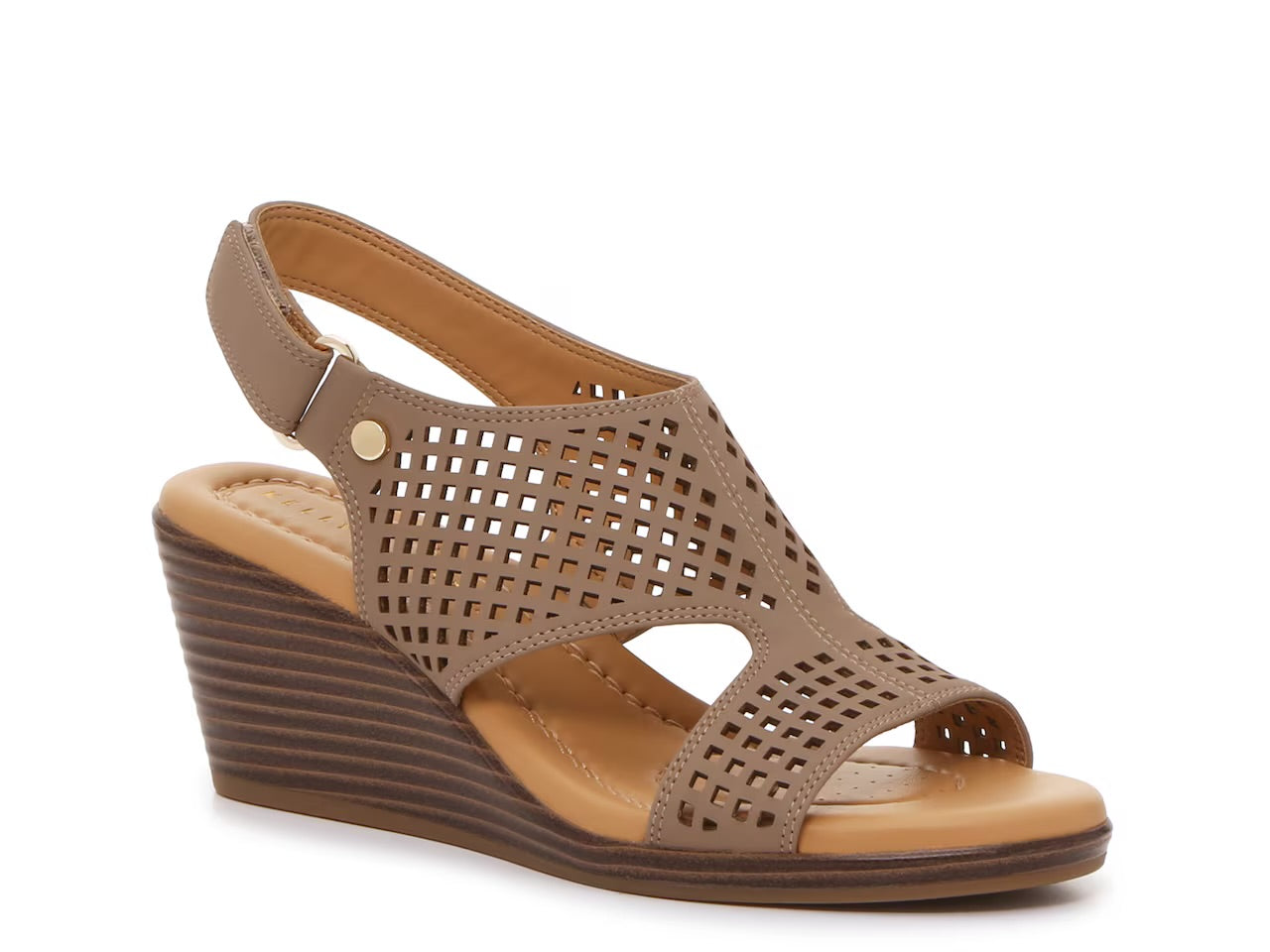 KELLY & KATIE PERFORATED WEDGE SANDAL IN DARK TAUPE