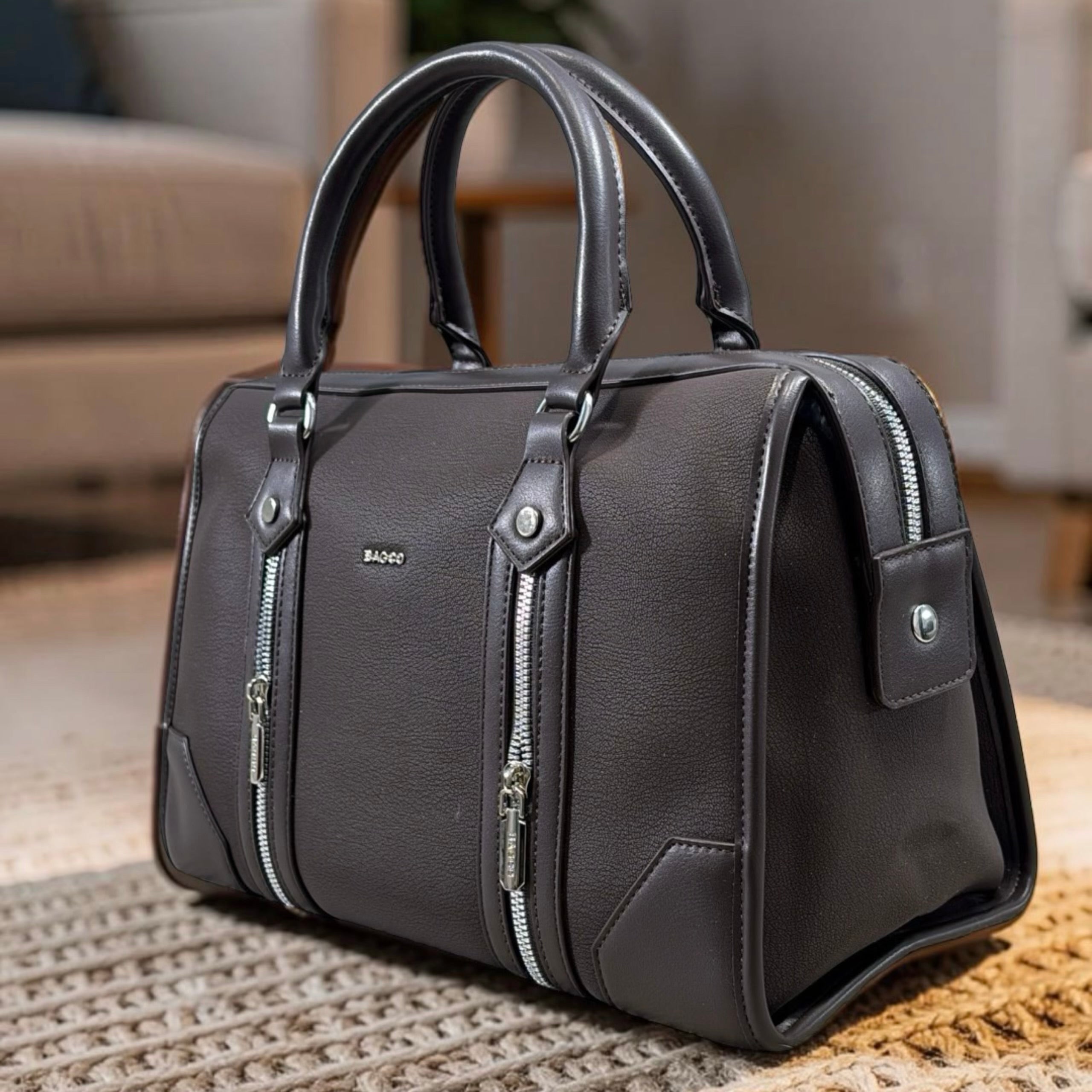 Bagco Double Front Zip Two-Tone Bag in Coffee