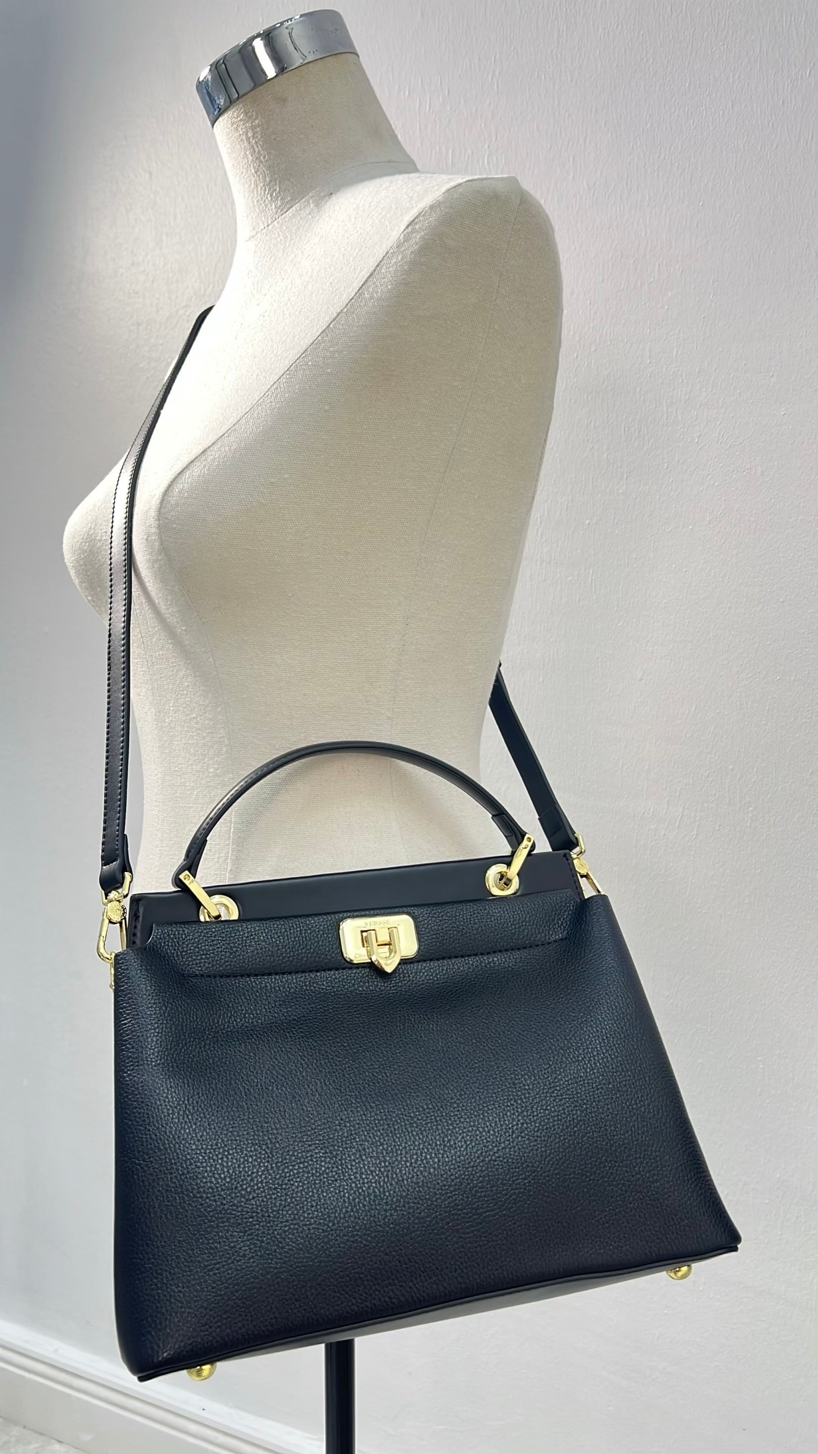 Versse Top Handle Textured Leather Bag in Black