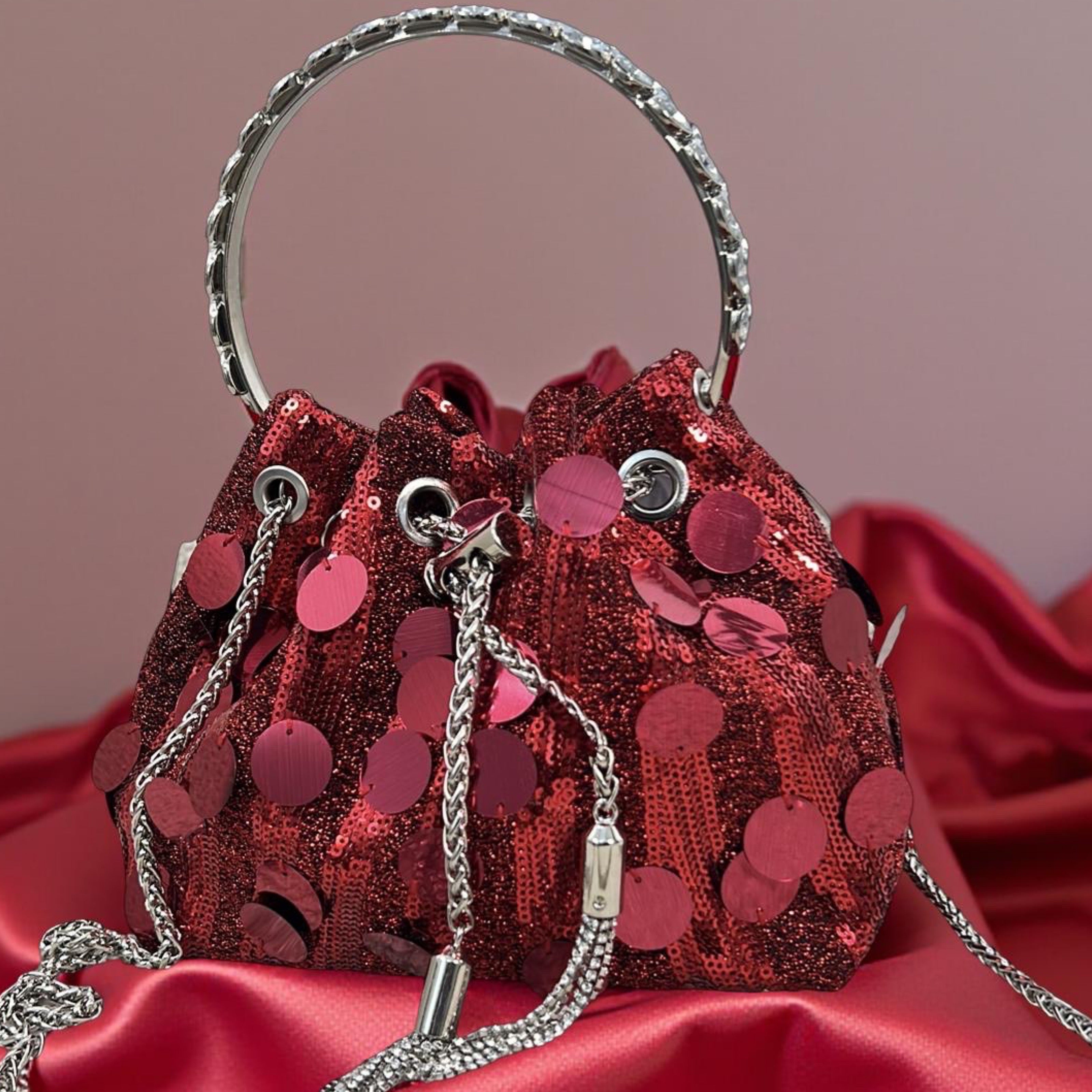 Cannes Top Handle Sequin Drawstring Purse in Red