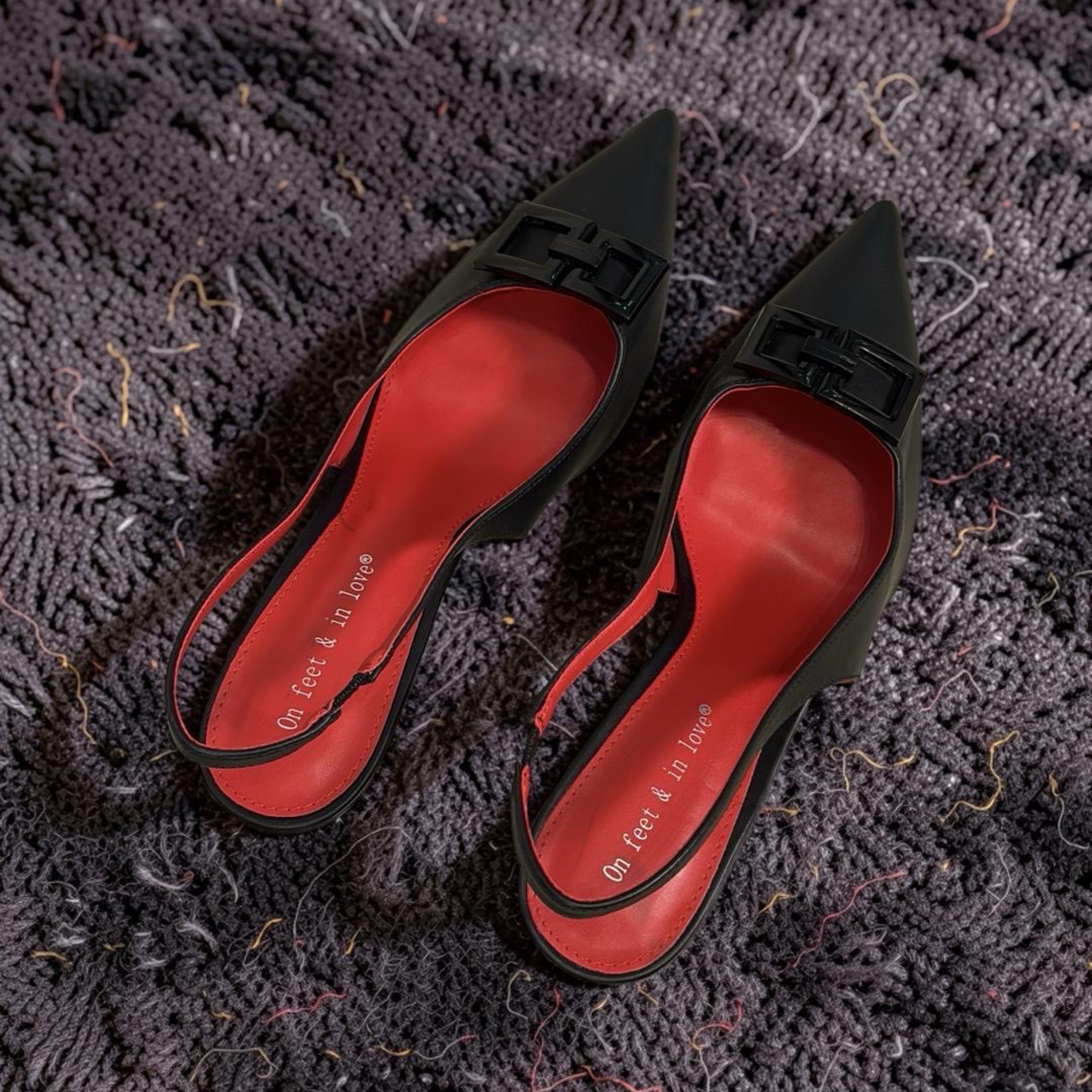 On Feet & in Love Patent Leather Pointed Toe Slingback Heels in Black