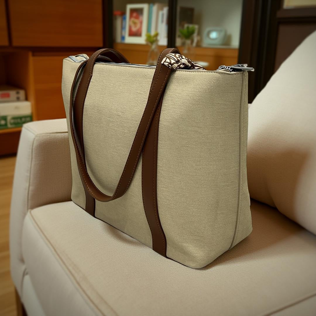 Chrisbella Large Fabric Finish Double Strap Bag in Off-White