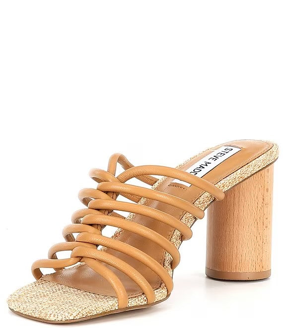 STEVE MADDEN TUBE STRAP CYLINDRICAL BLOCK HEEL MULE IN COGNAC