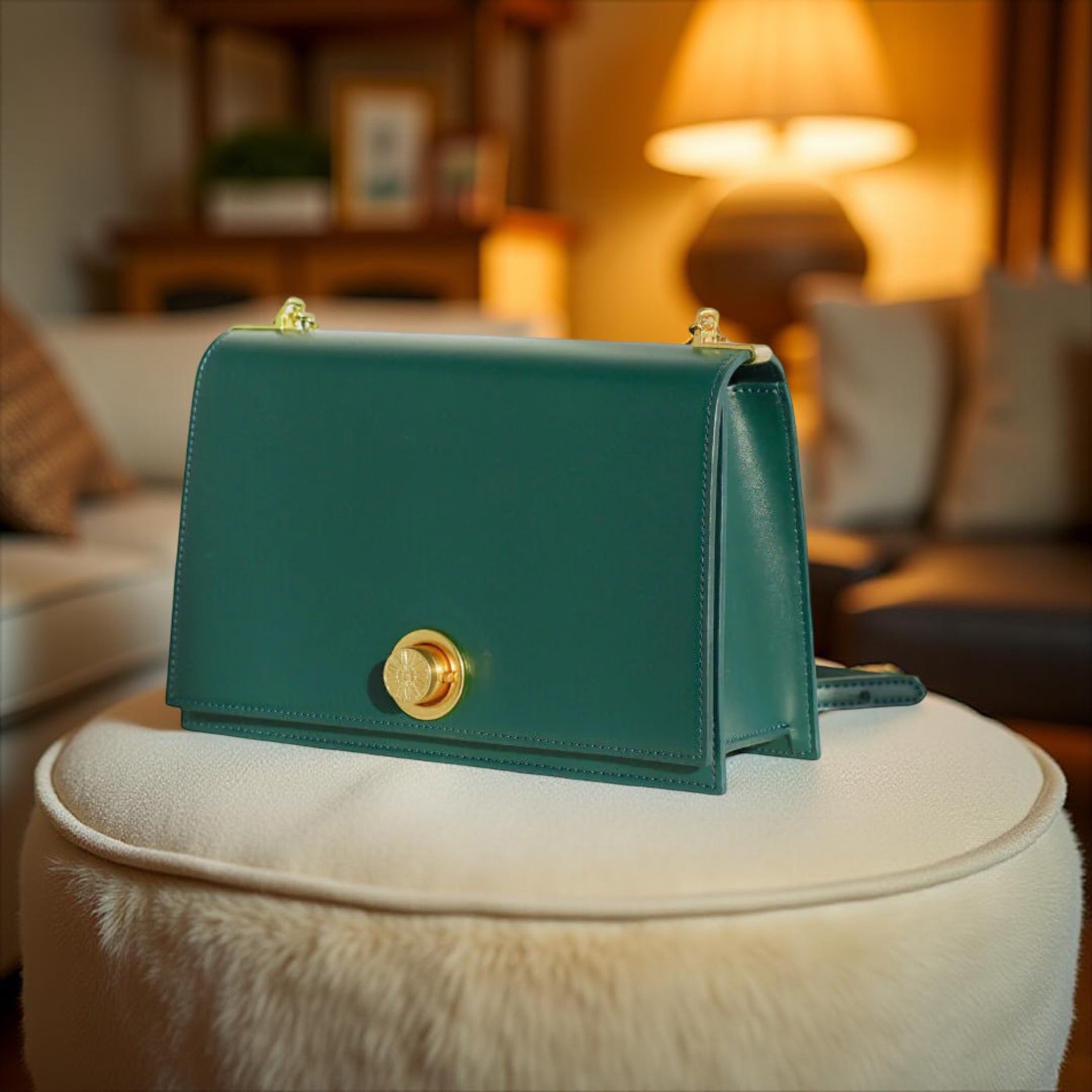 Versse Metallic Turn-Lock Chain Crossbody Bag in Green