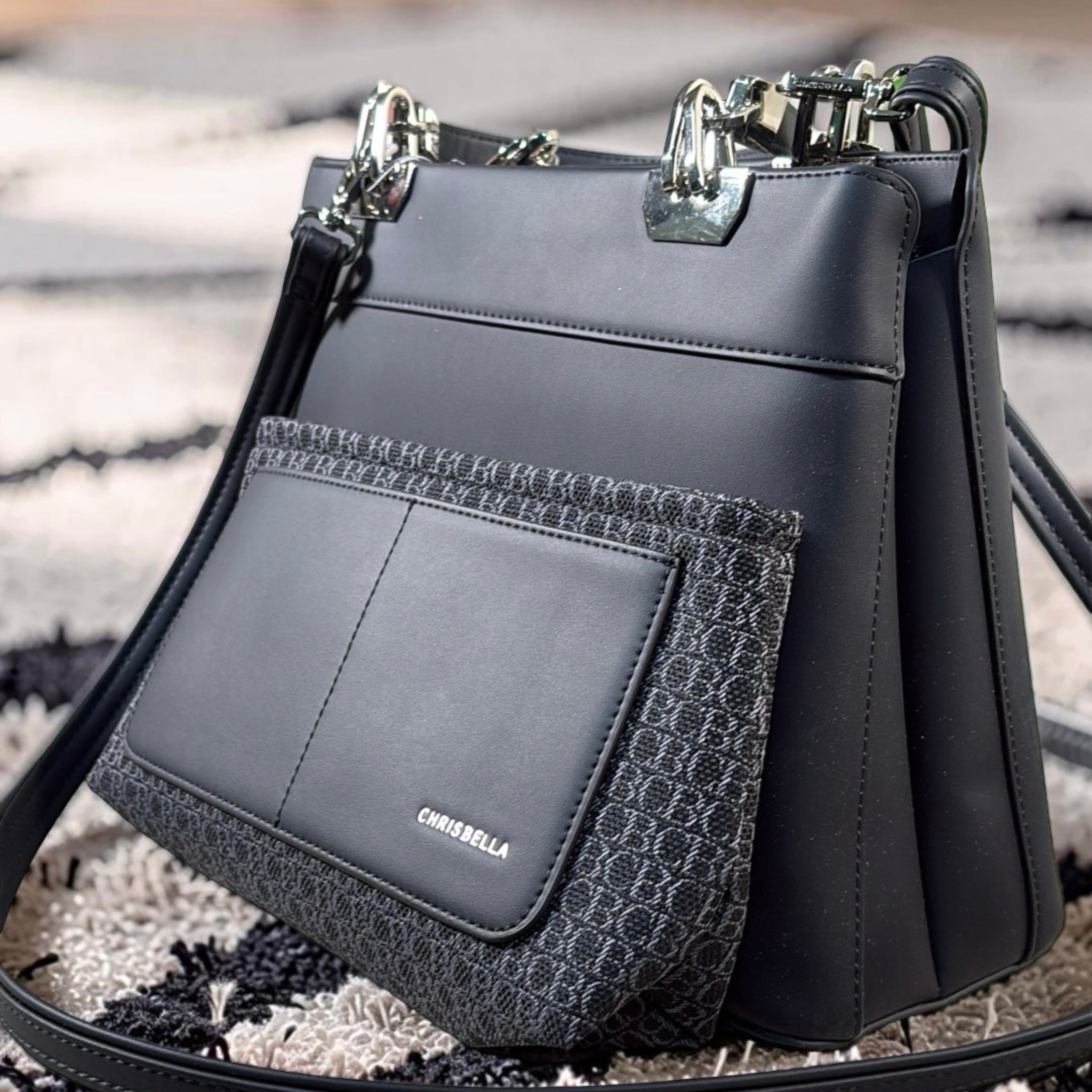 Chrisbella Metal Detail Double Handle 2-in-1 Bag in Black