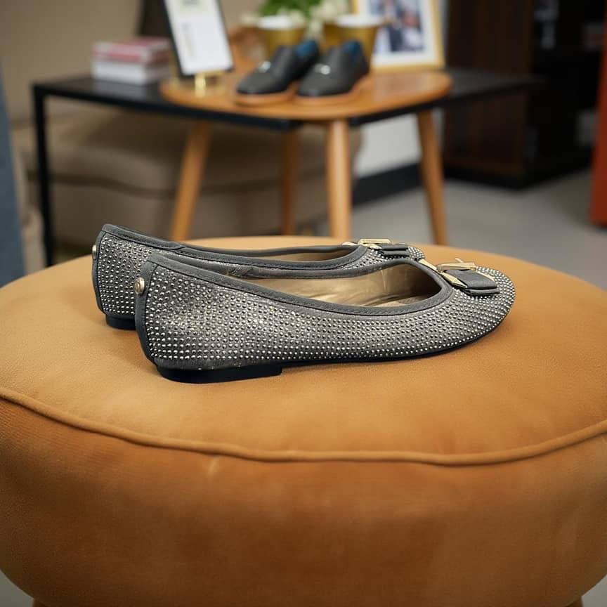Dune Embellished Almond Toe Ballerina in Grey
