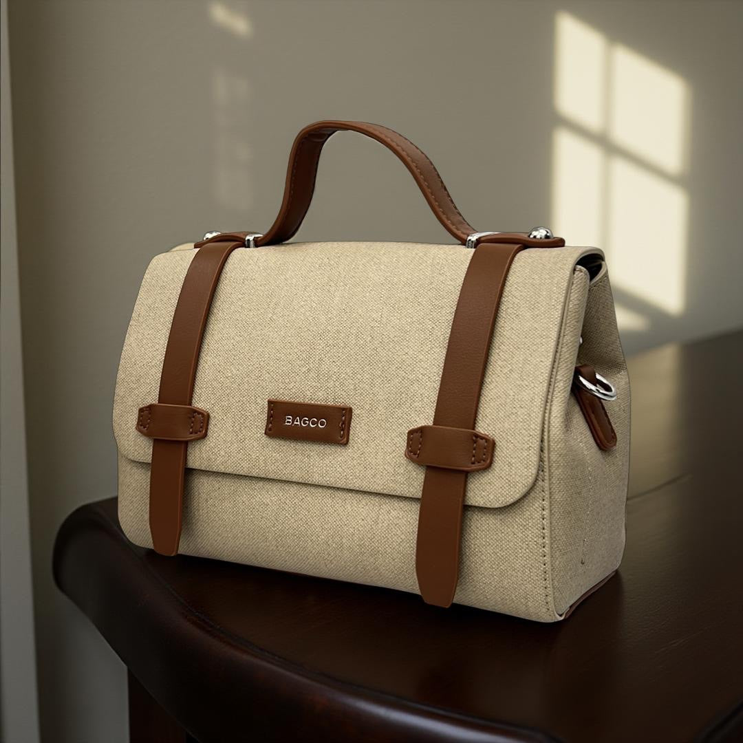 Bagco Leather Strap Top Handle Satchel in Beige