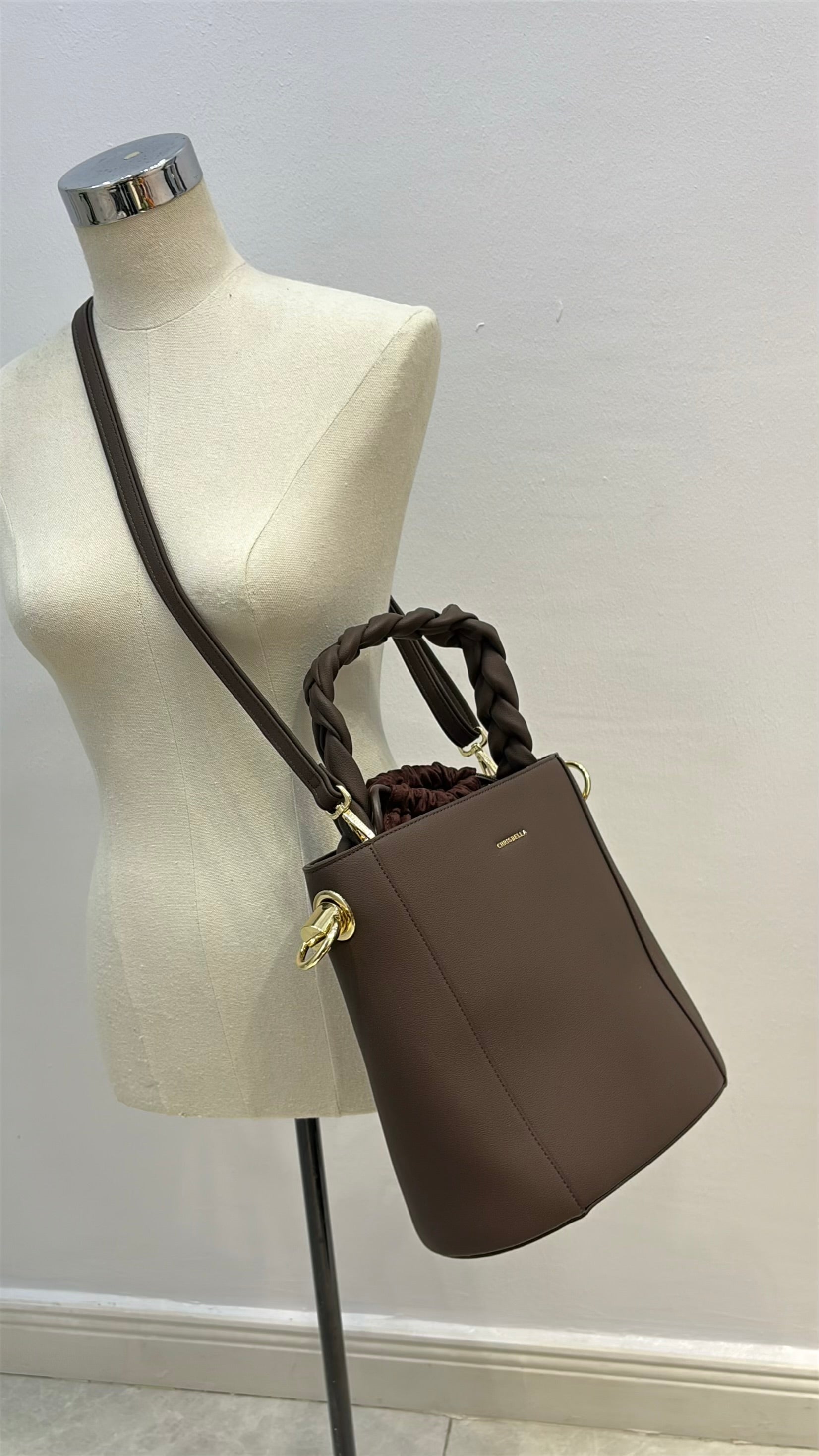 Chrisbella Drawstring Bucket Bag in Coffee