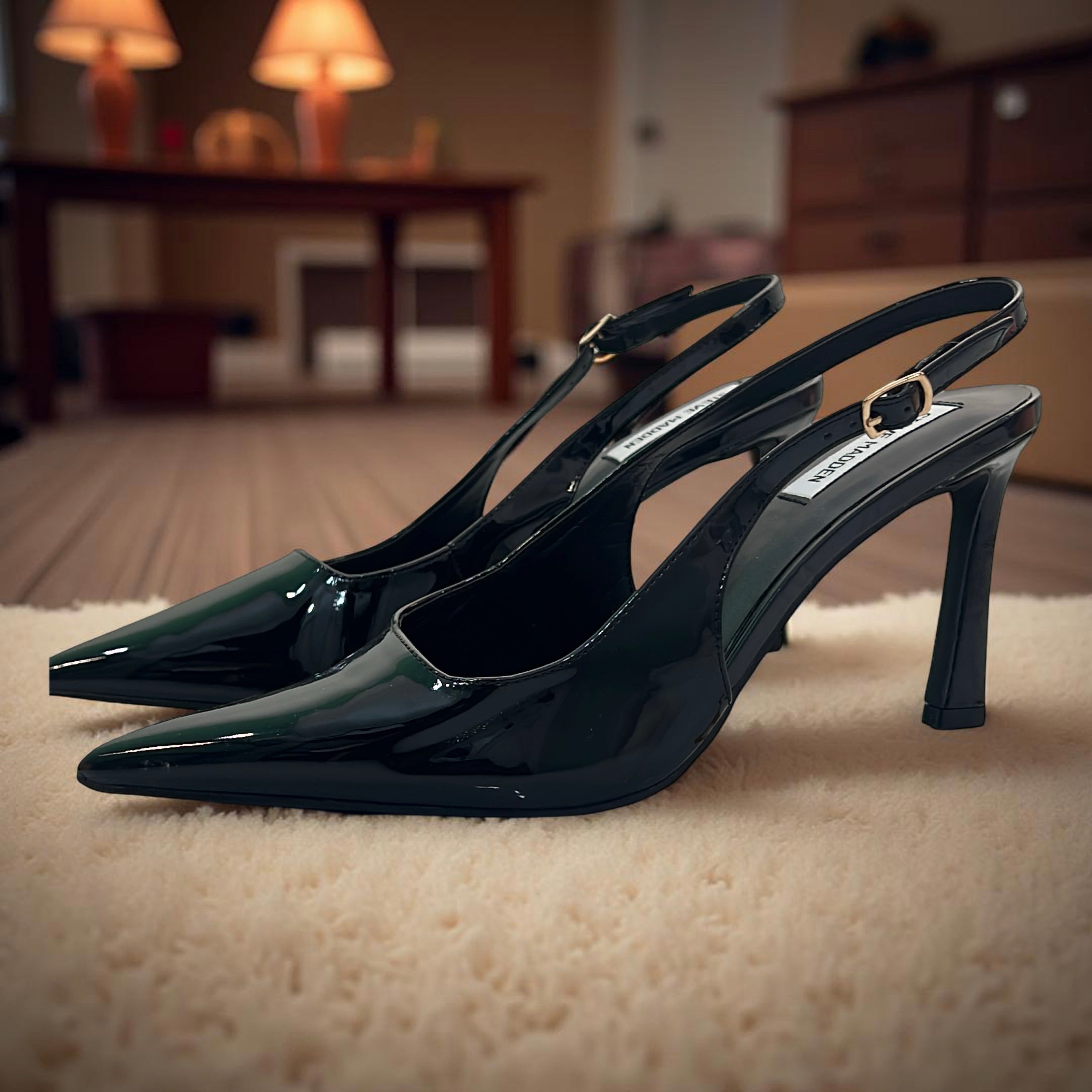 Steve Madden Patent Leather Pointed Toe Slingback Heels in Black