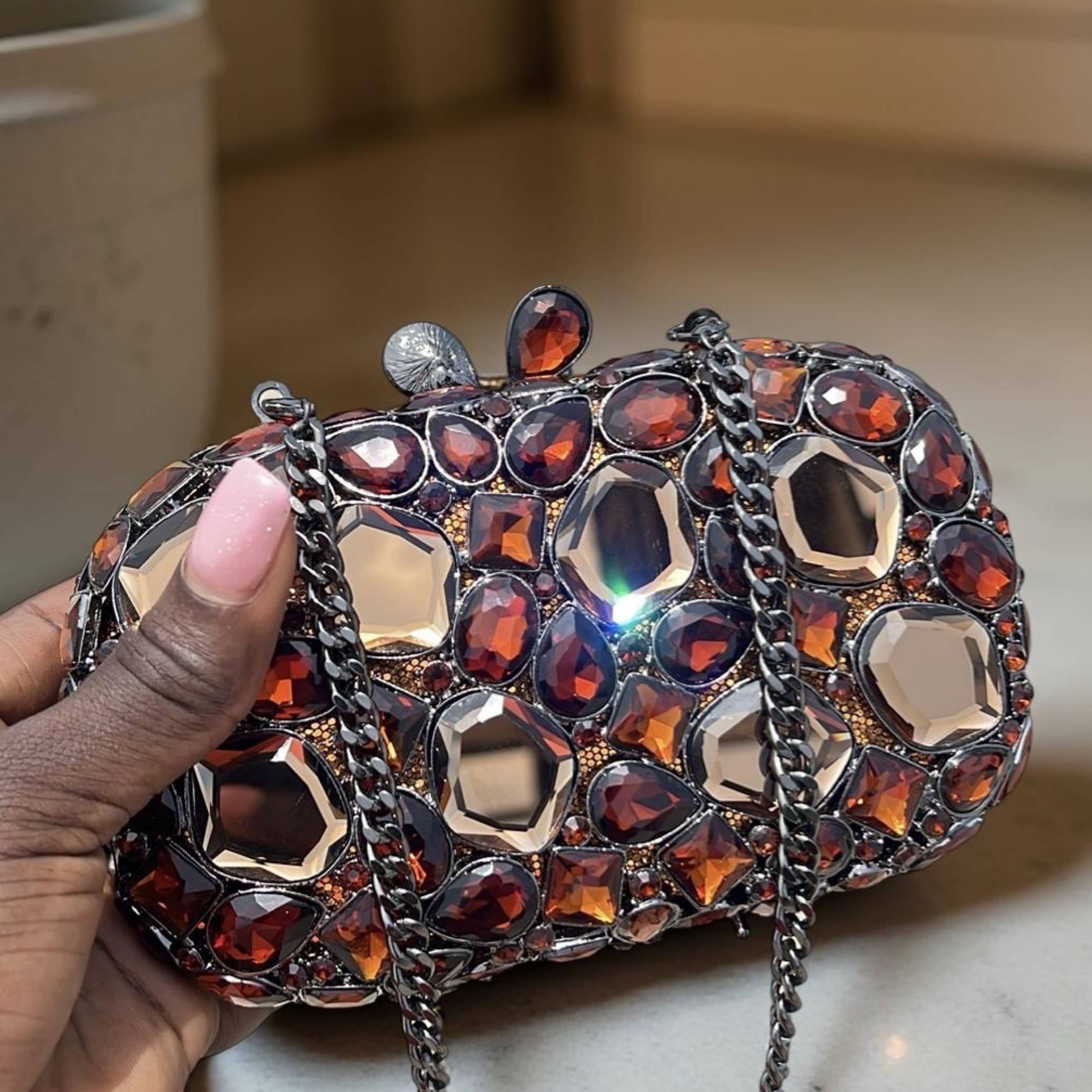 Tulum Sparkle Clutch  Bronze Rhinestone Evening Bag with Chain Strap