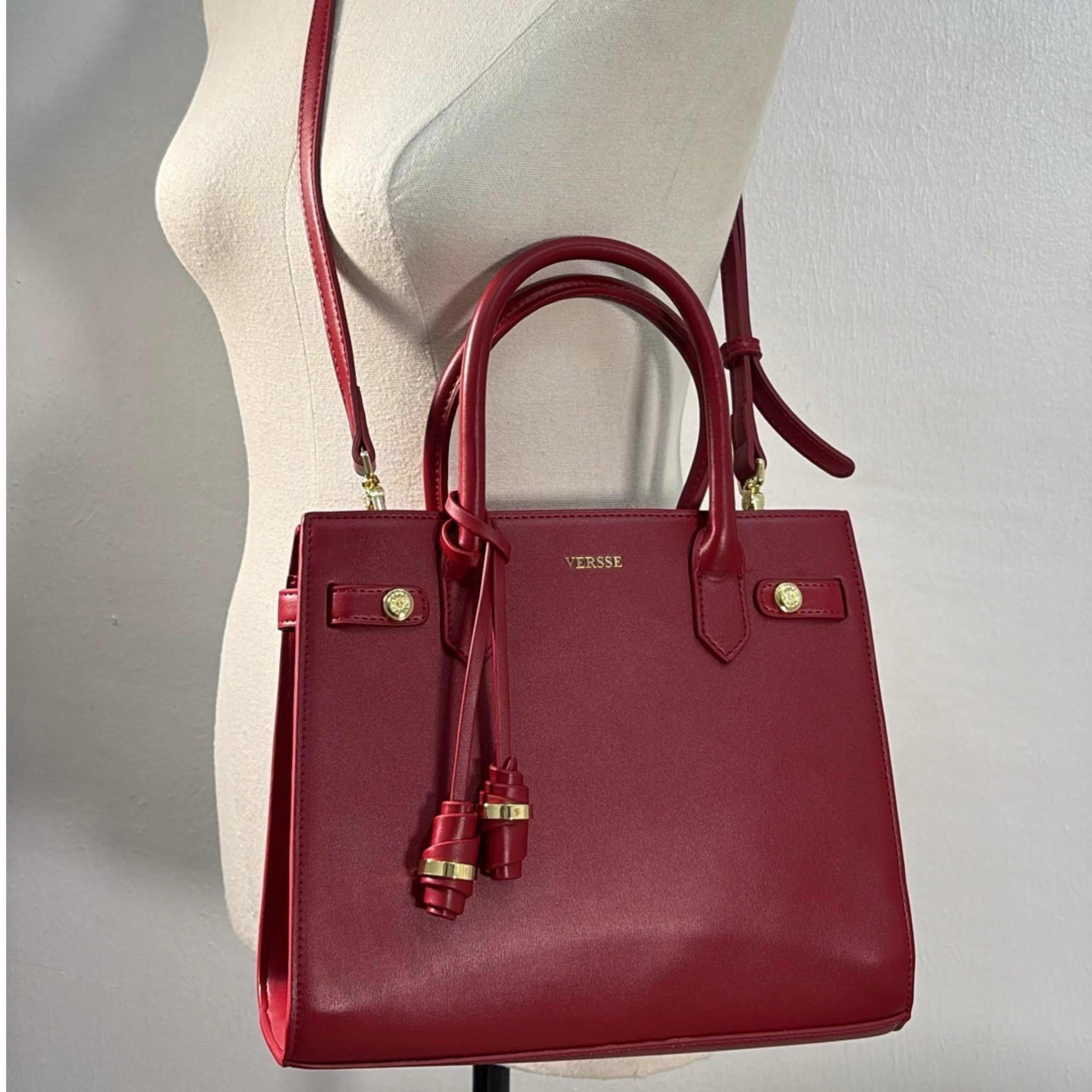 Versse Tassel Detail Structured Double Handle Bag in Bordo