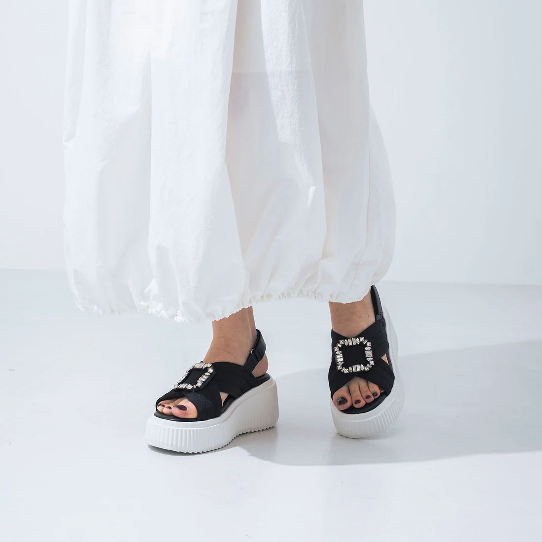 Evoj Embellished Cross Strap Vecro Sandal in Black