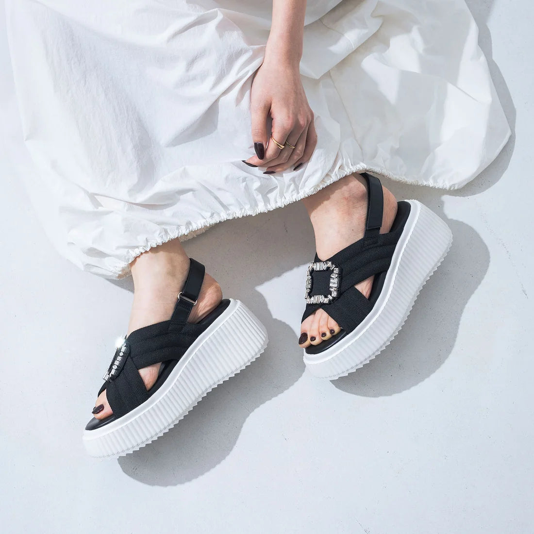 Evoj Embellished Cross Strap Vecro Sandal in Black